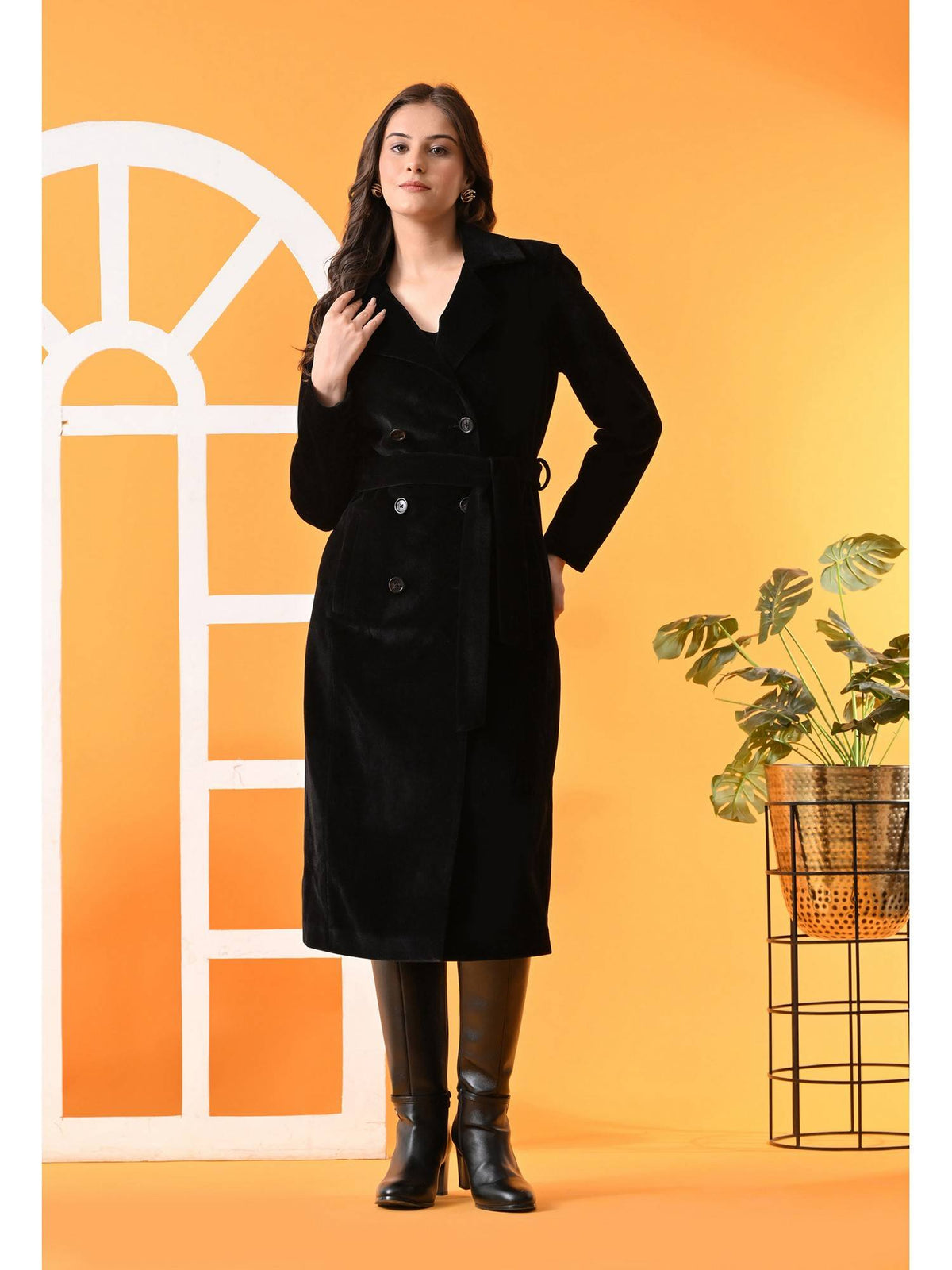 Black Solid Longline Women Winter Coat with Belt | JC78 - view 3