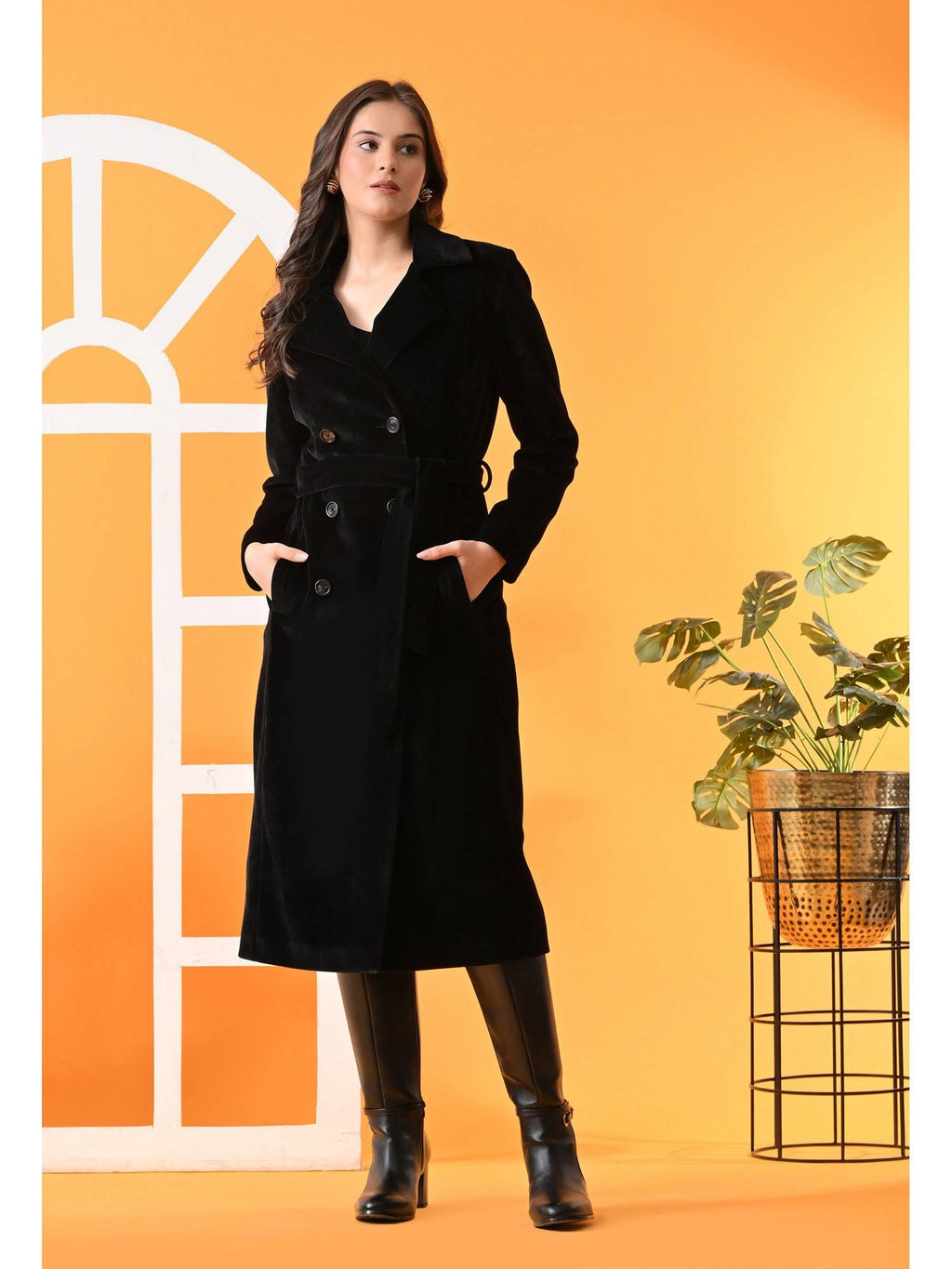 Black Solid Longline Women Winter Coat with Belt | JC78 - view 5