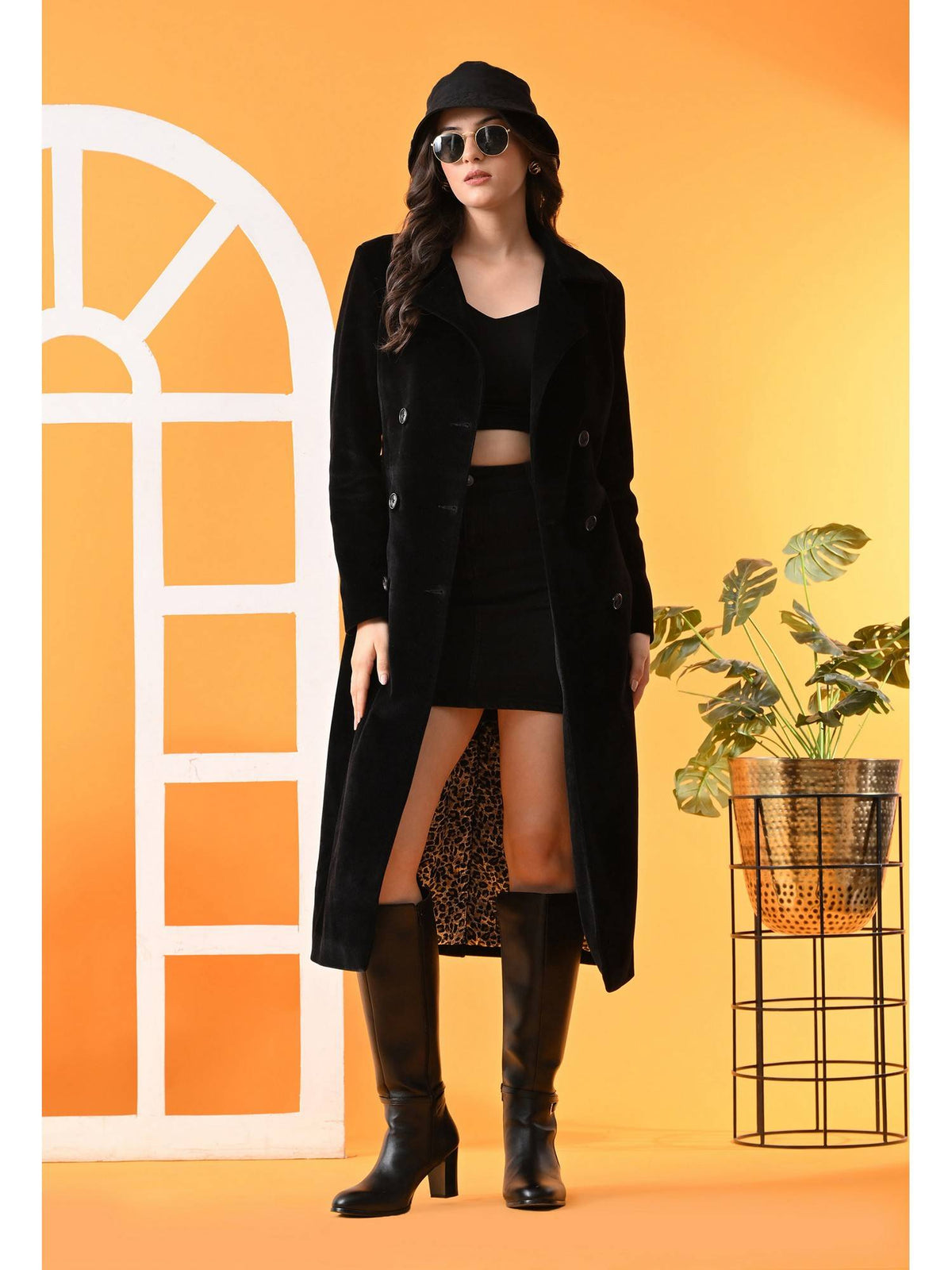 Black Solid Longline Women Winter Coat with Belt | JC78 - view 6