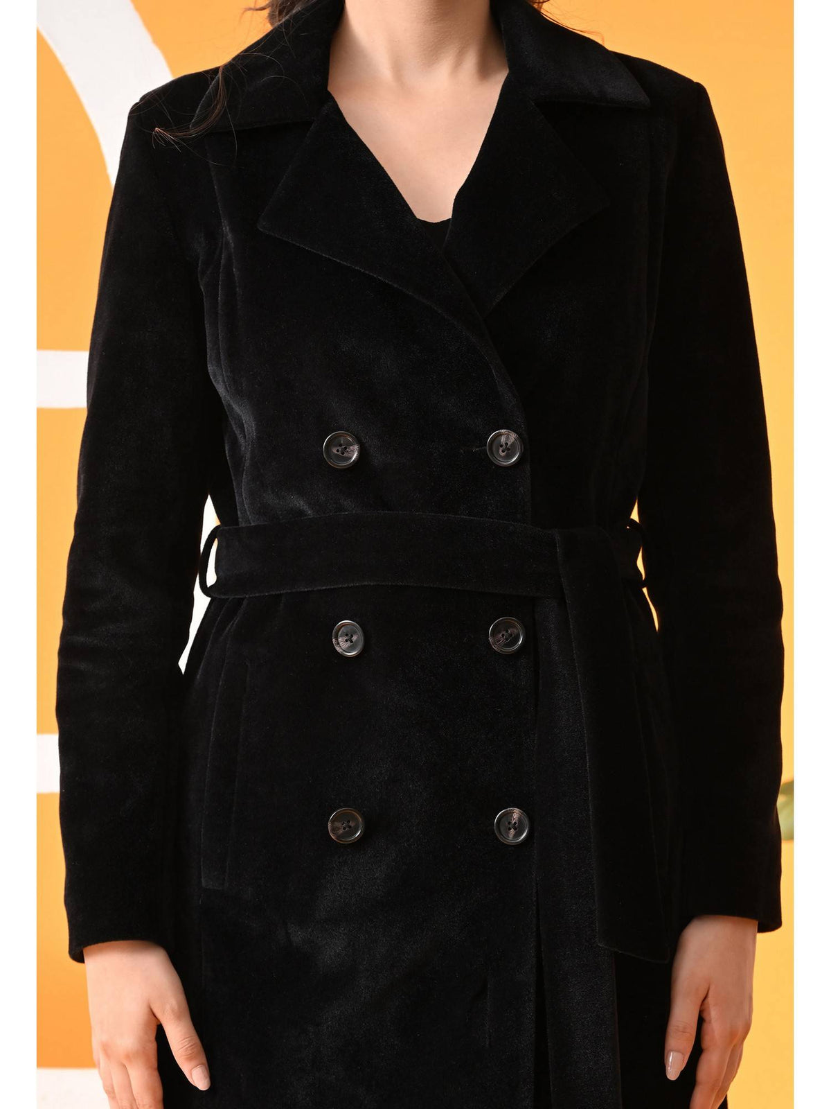 Black Solid Longline Women Winter Coat with Belt | JC78 - view 7