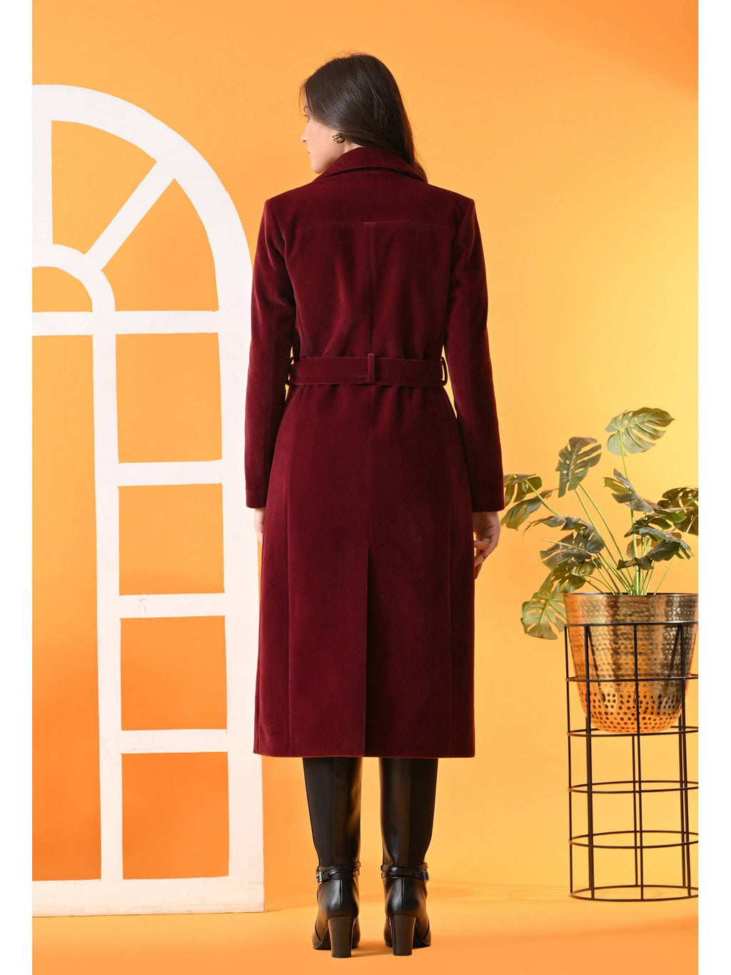 Maroon Solid Notched Lapel Longline Winter Coat with Belt | JC78 - view 2