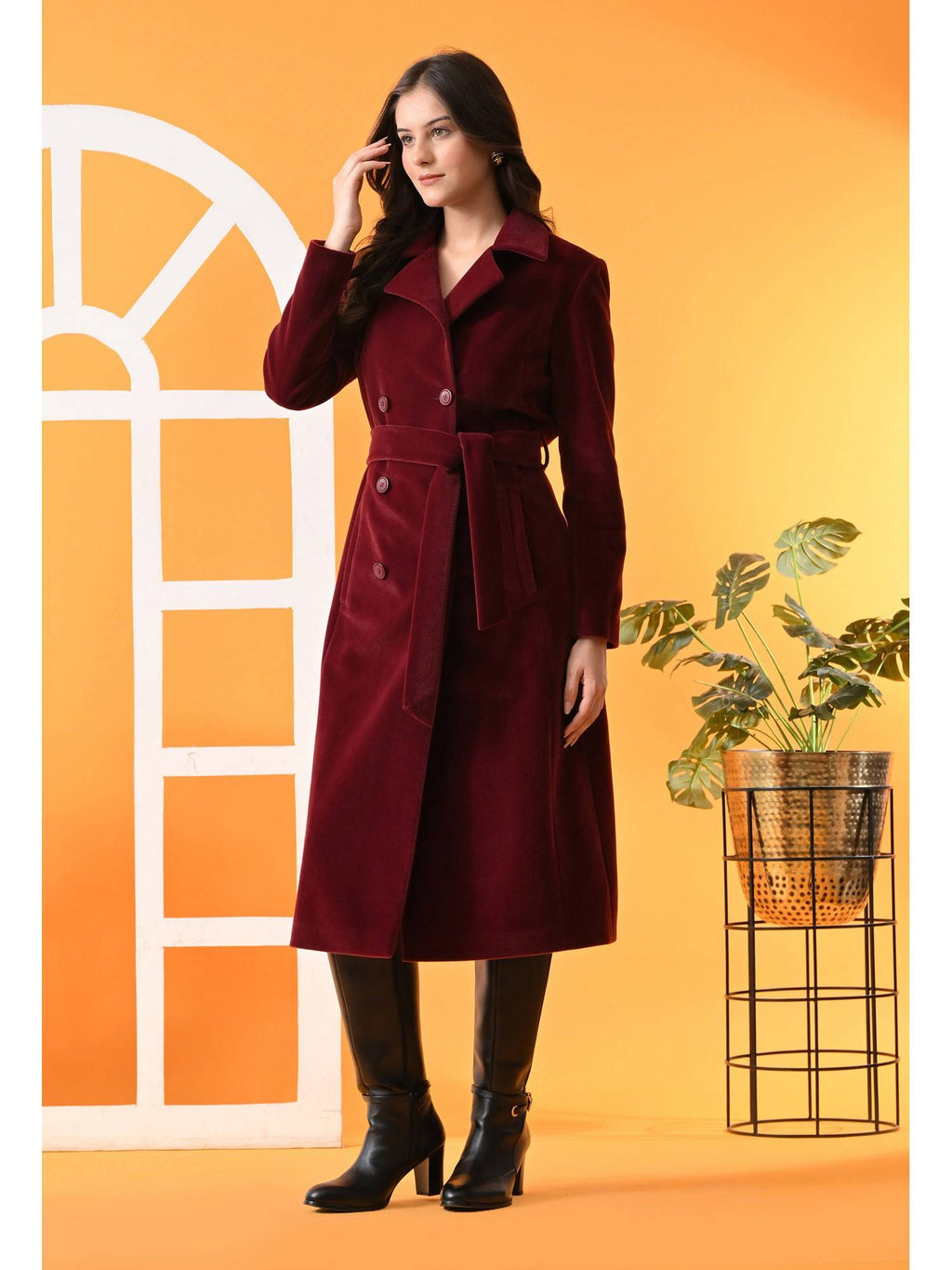Maroon Solid Notched Lapel Longline Winter Coat with Belt | JC78 - view 3