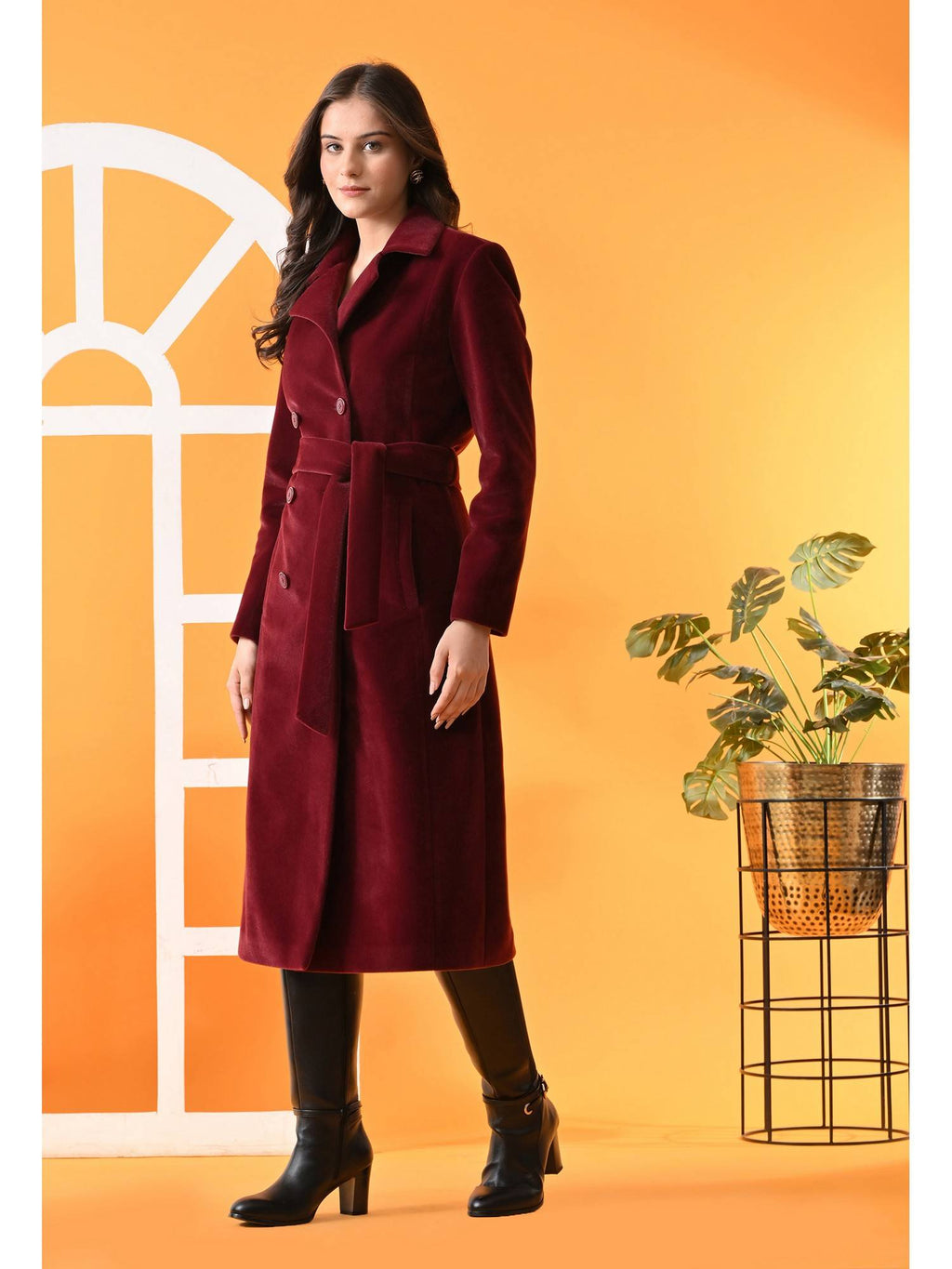 Maroon Solid Notched Lapel Longline Winter Coat with Belt | JC78 - view 4