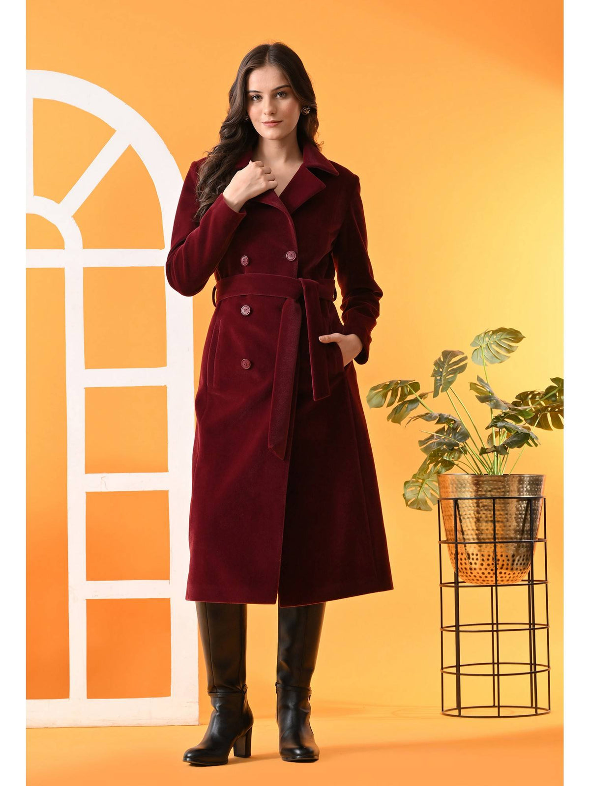 Maroon Solid Notched Lapel Longline Winter Coat with Belt | JC78 - view 5