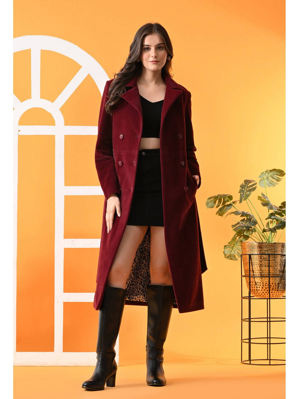 Maroon Solid Notched Lapel Longline Winter Coat with Belt | JC78 - view 6