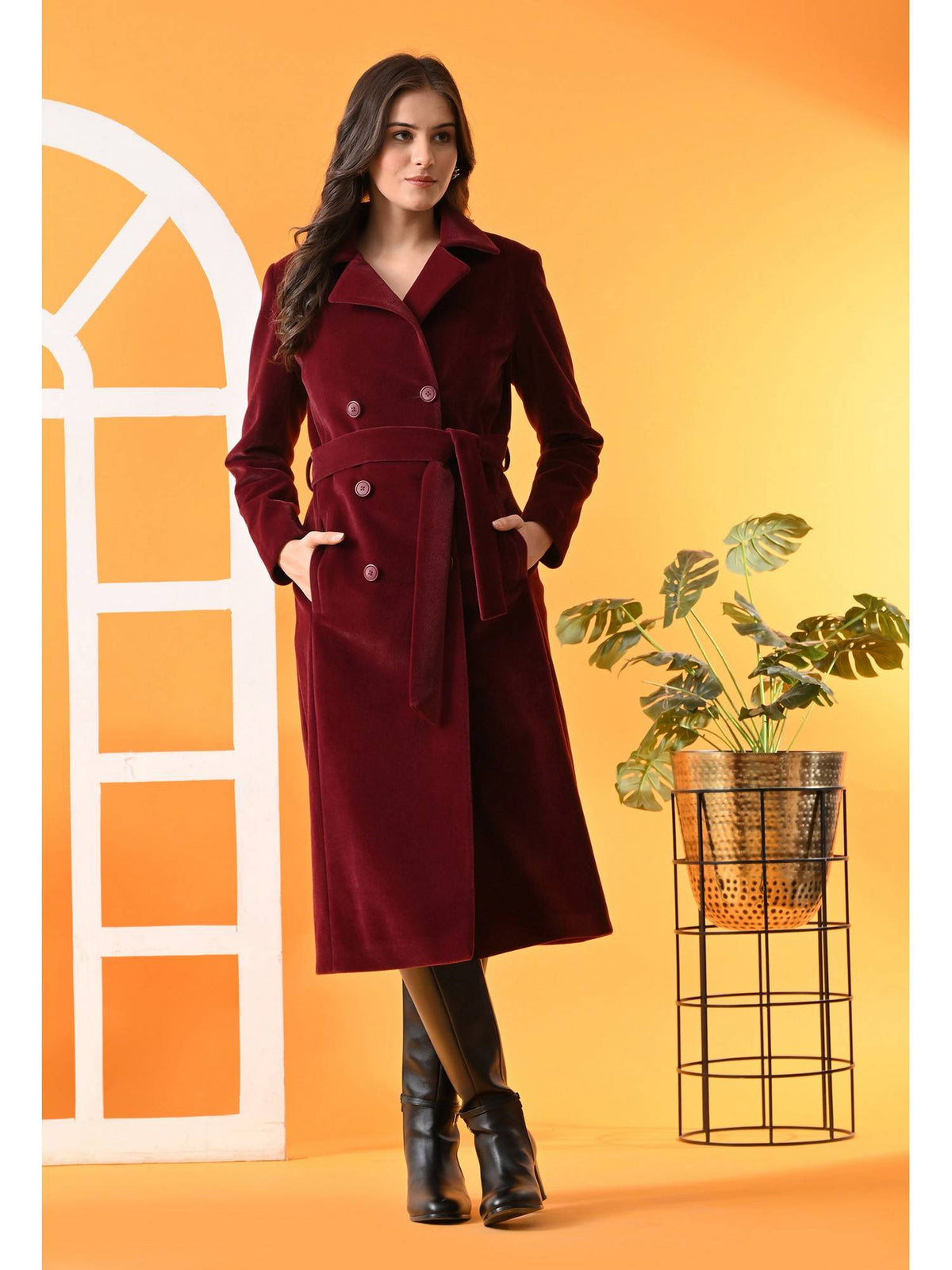 Maroon Solid Notched Lapel Longline Winter Coat with Belt | JC78 - view 7