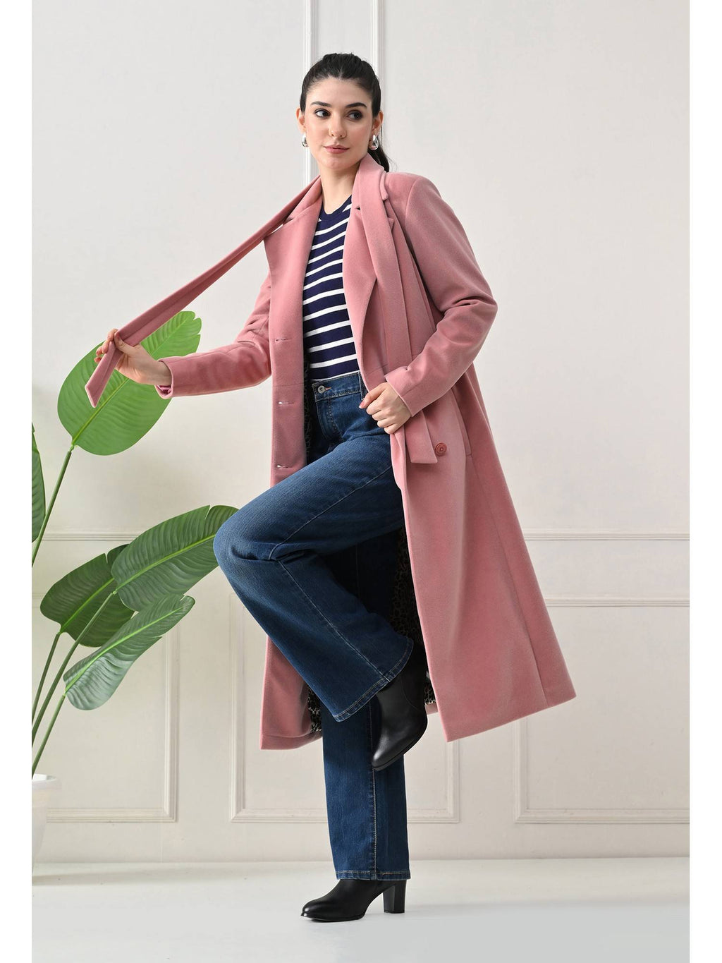 Maroon Solid Notched Lapel Longline Winter Coat with Belt | JC78 - view 28