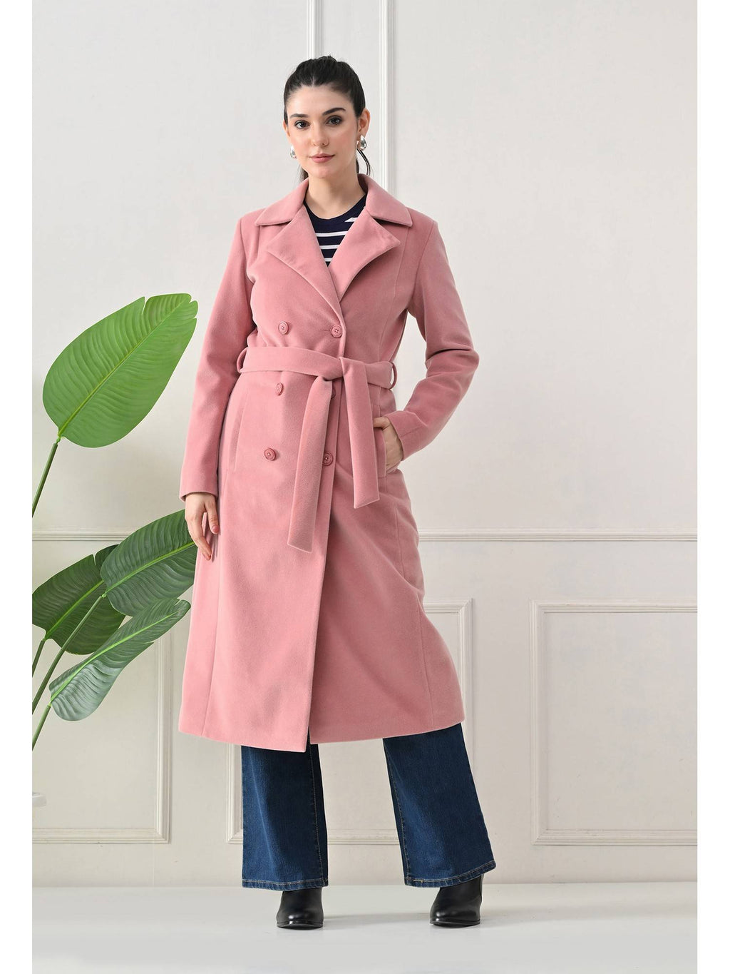 Maroon Solid Notched Lapel Longline Winter Coat with Belt | JC78 - view 30