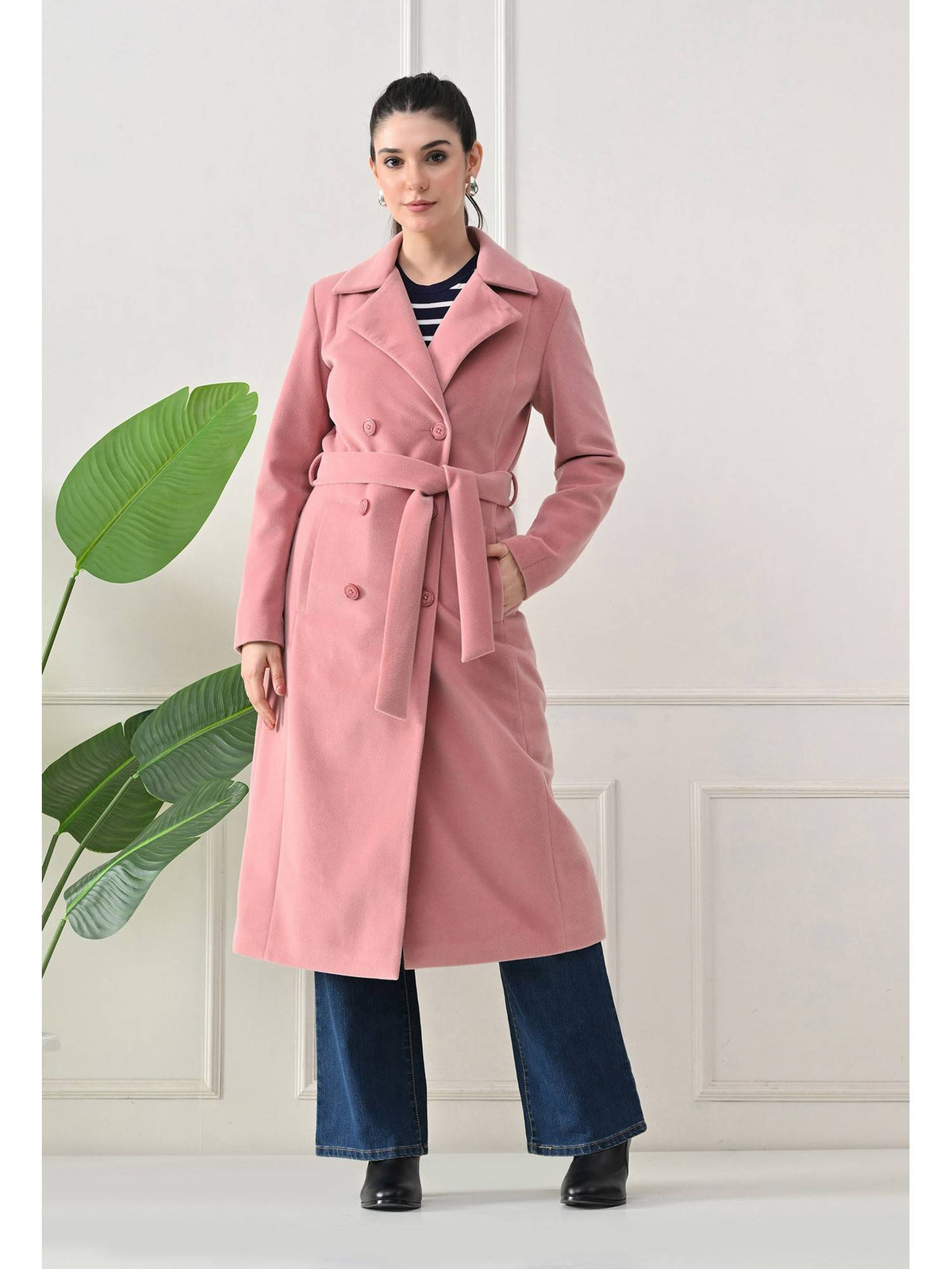 Maroon Solid Notched Lapel Longline Winter Coat with Belt | JC78 - view 30