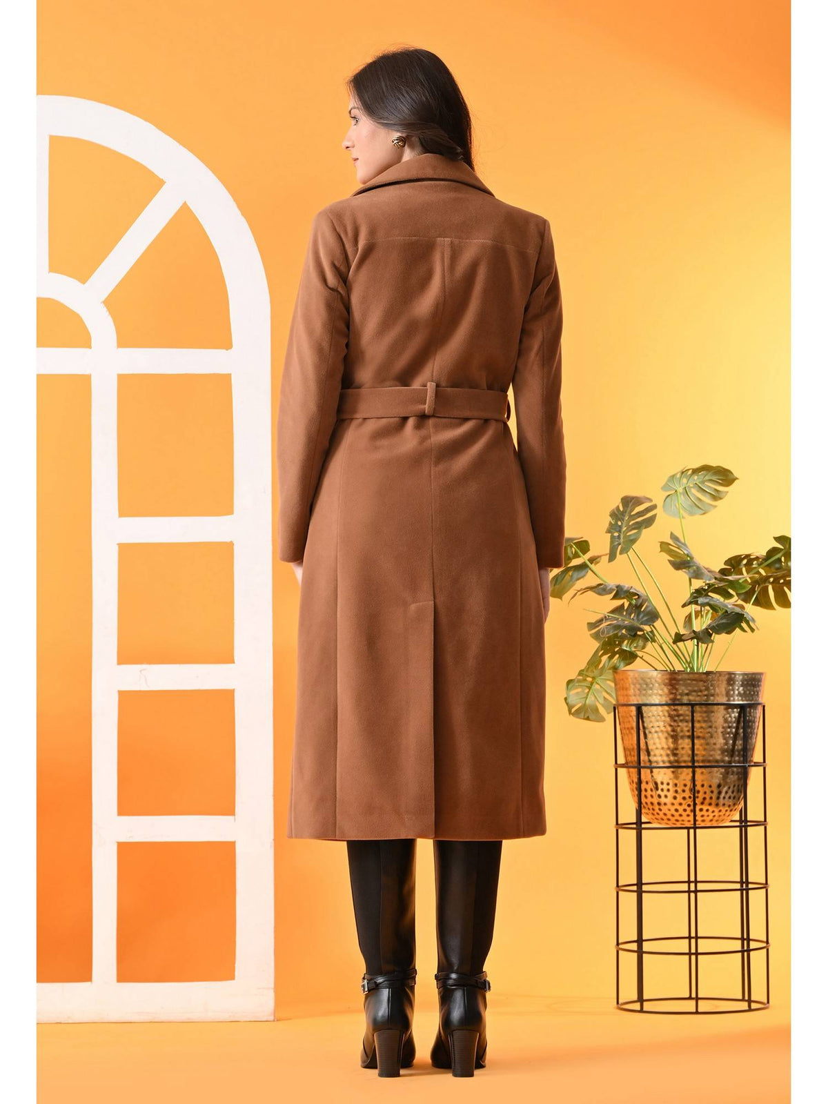 Maroon Solid Notched Lapel Longline Winter Coat with Belt | JC78 - view 13