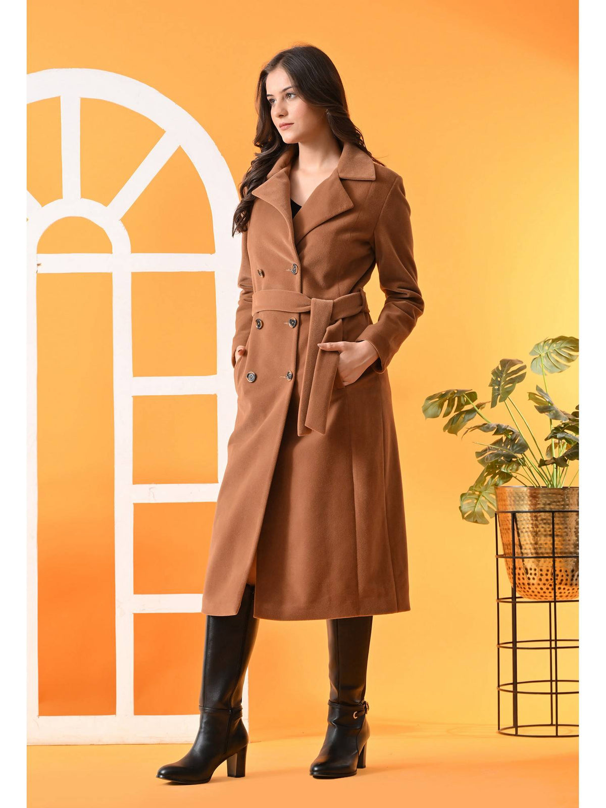 Maroon Solid Notched Lapel Longline Winter Coat with Belt | JC78 - view 14