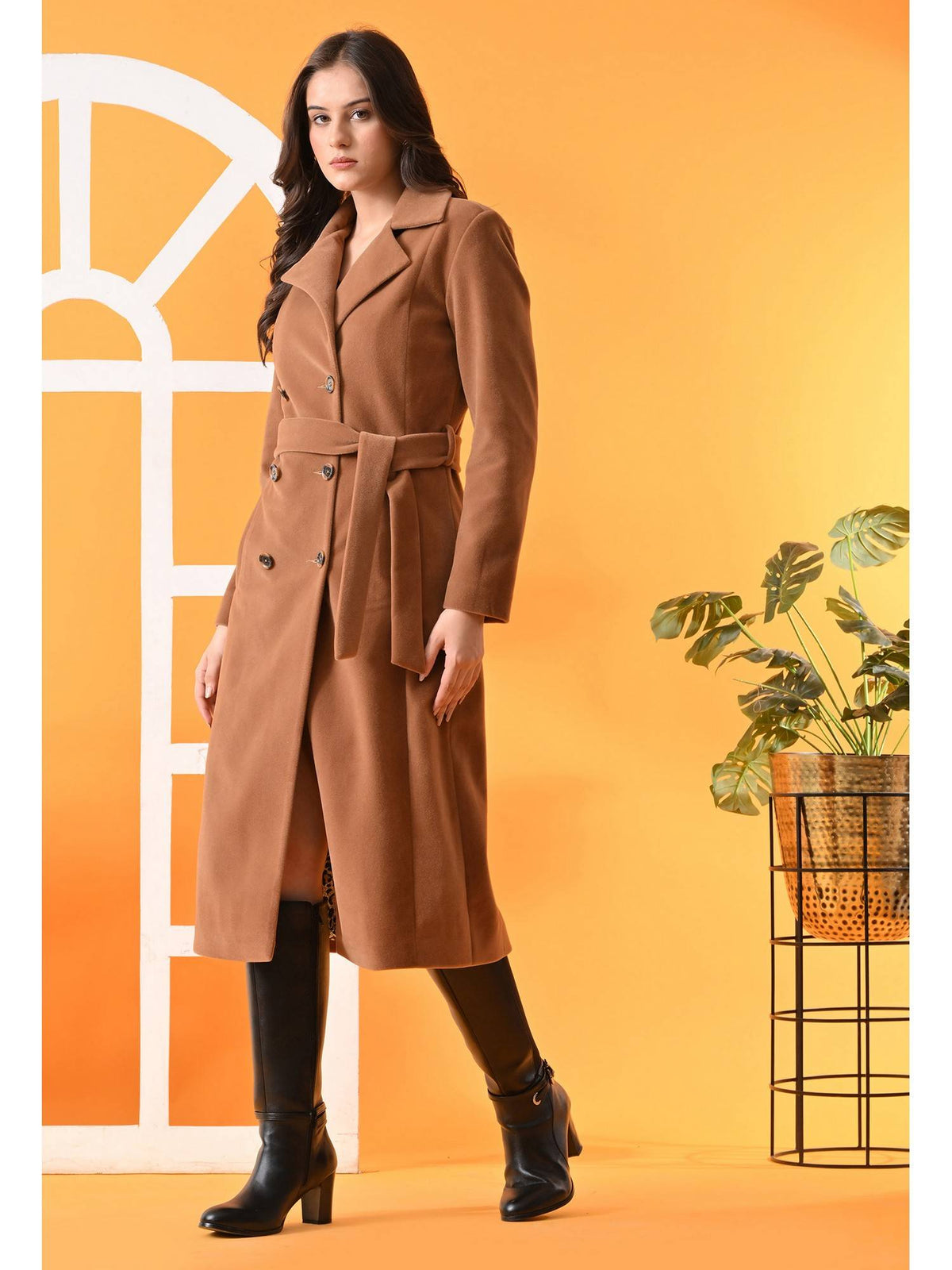 Maroon Solid Notched Lapel Longline Winter Coat with Belt | JC78 - view 15