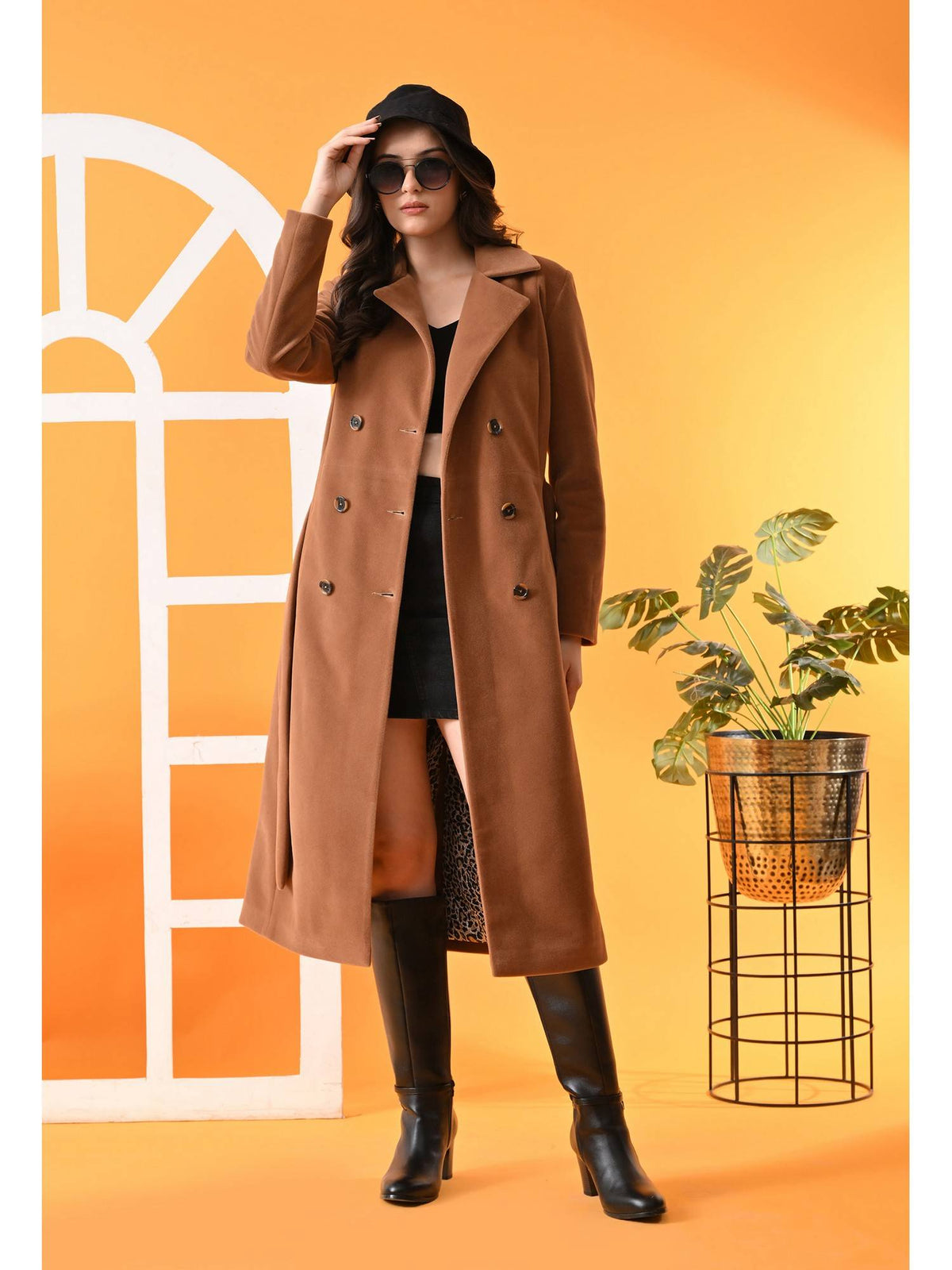 Maroon Solid Notched Lapel Longline Winter Coat with Belt | JC78 - view 16