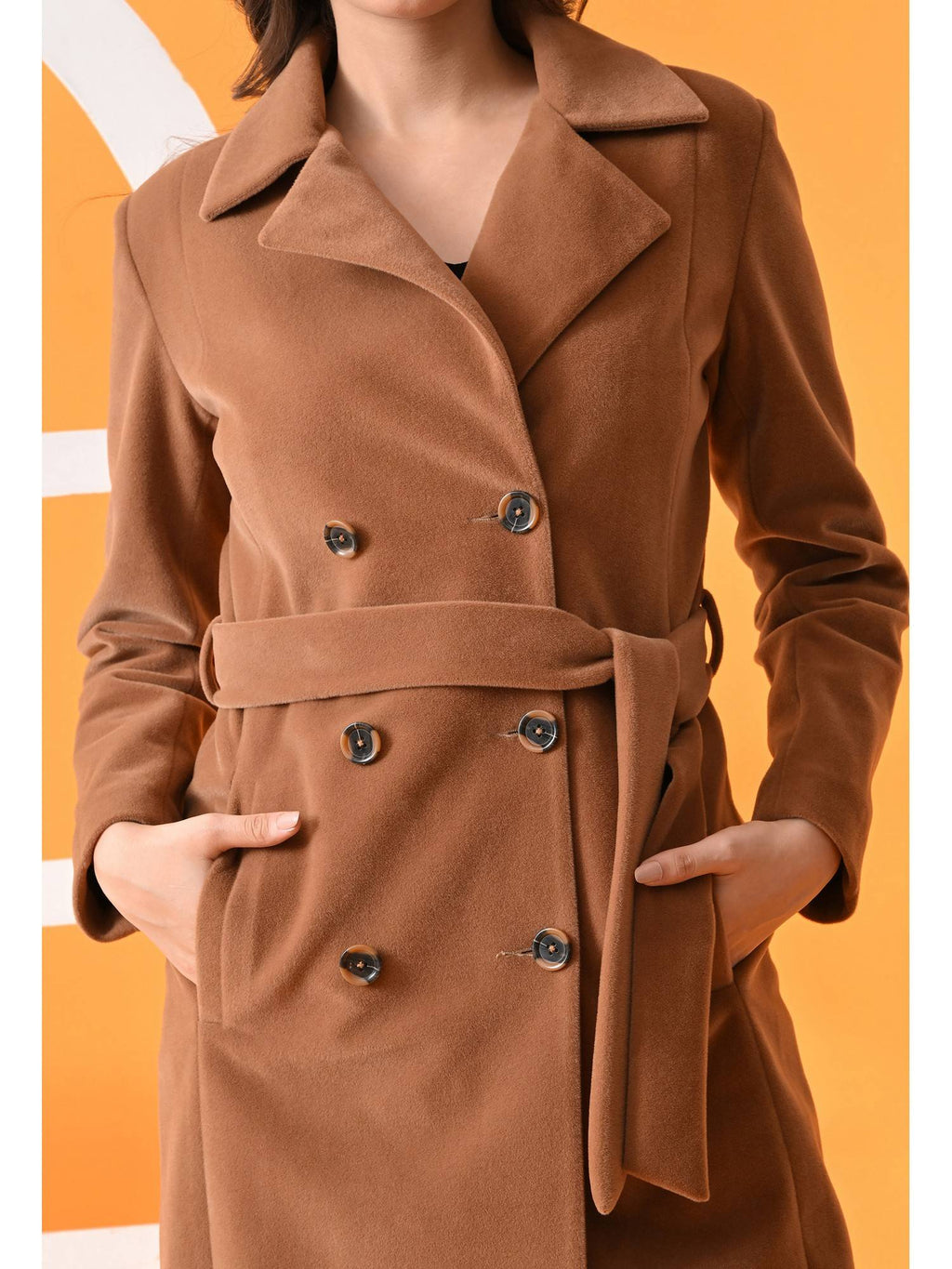 Maroon Solid Notched Lapel Longline Winter Coat with Belt | JC78 - view 17