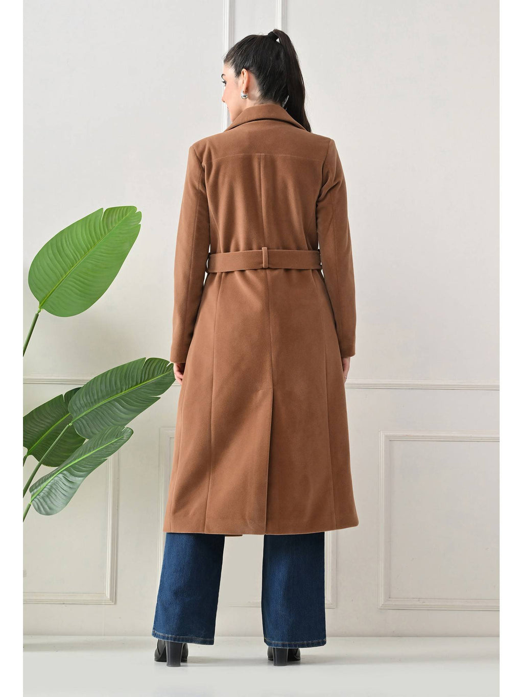 Tan Solid Full Sleeves Notched Lapel Longline Winter Coat with Belt | JC78 - view 2
