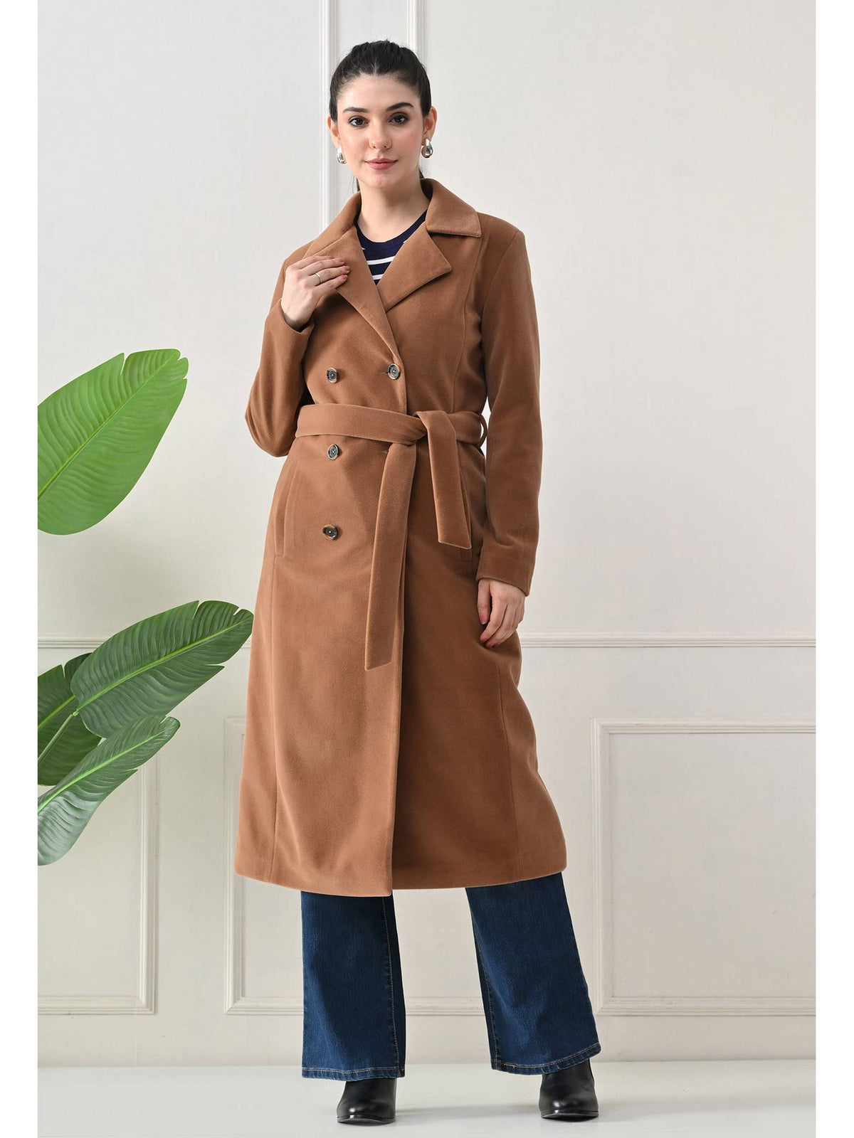 Tan Solid Full Sleeves Notched Lapel Longline Winter Coat with Belt | JC78 - view 3