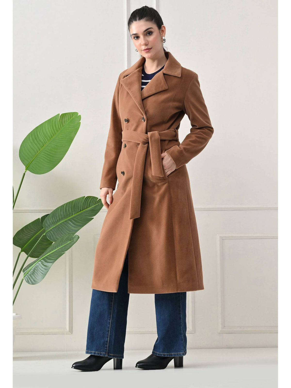 Tan Solid Full Sleeves Notched Lapel Longline Winter Coat with Belt | JC78 - view 4