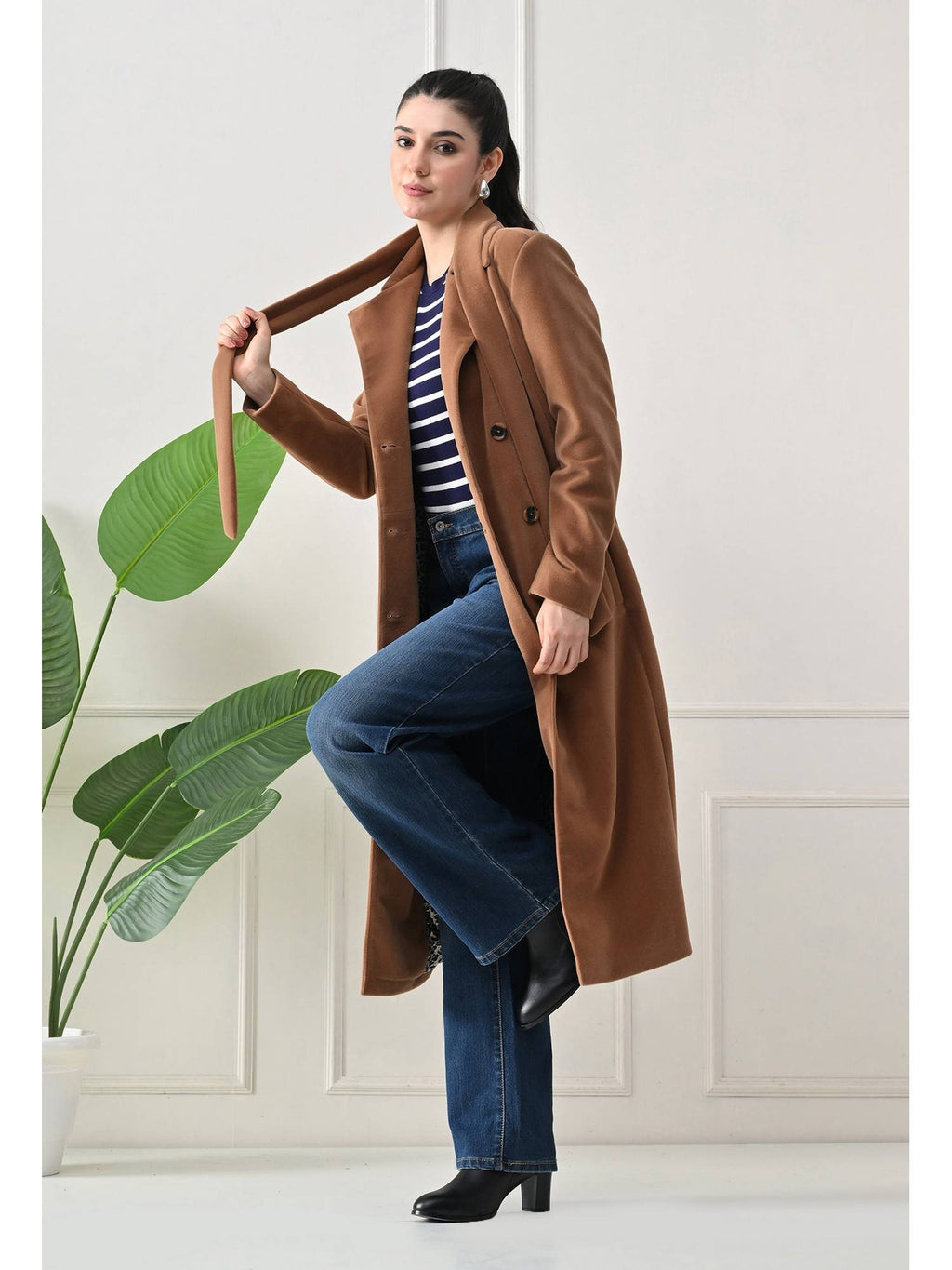 Tan Solid Full Sleeves Notched Lapel Longline Winter Coat with Belt | JC78 - view 5