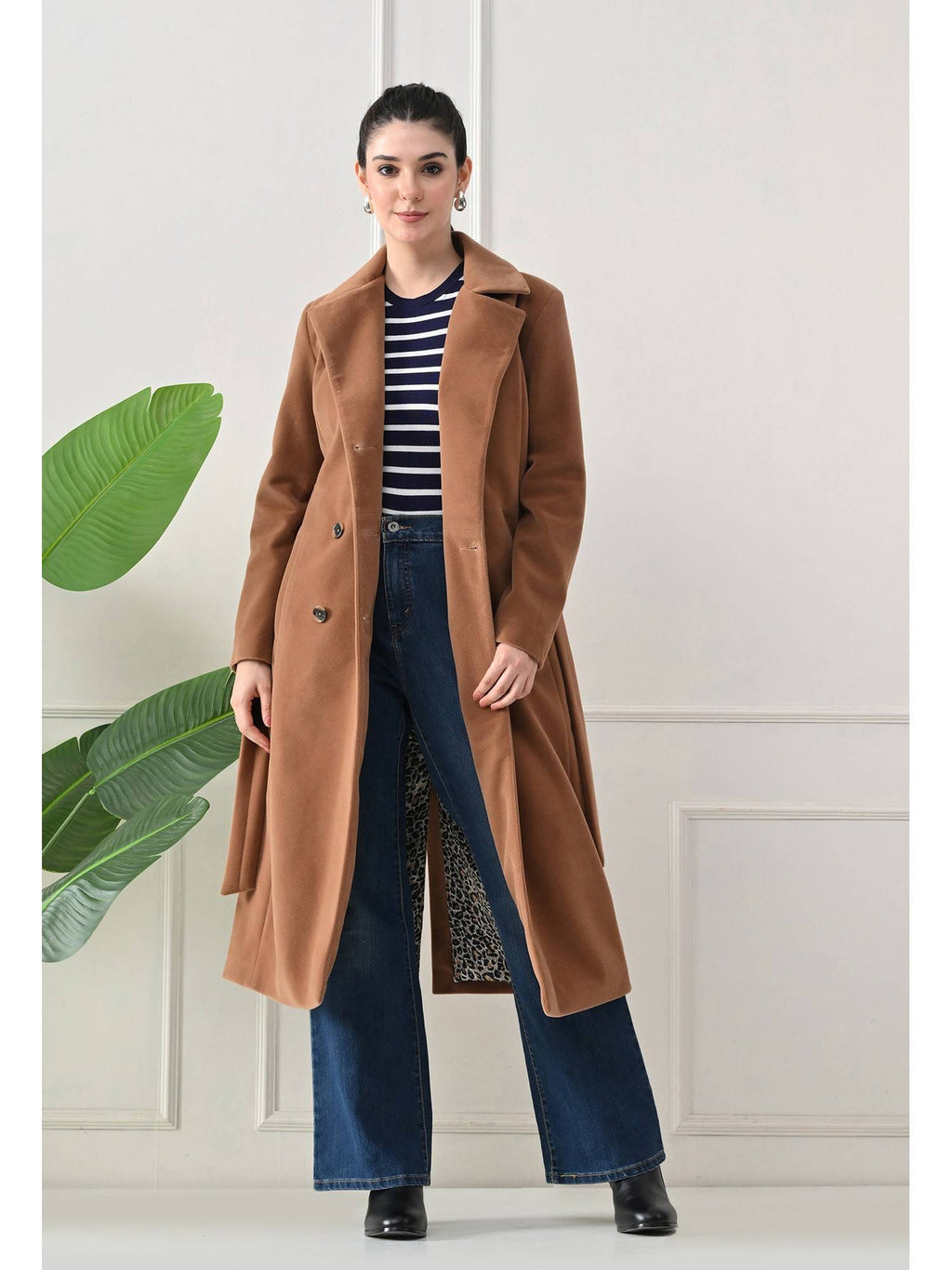 Tan Solid Full Sleeves Notched Lapel Longline Winter Coat with Belt | JC78 - view 6