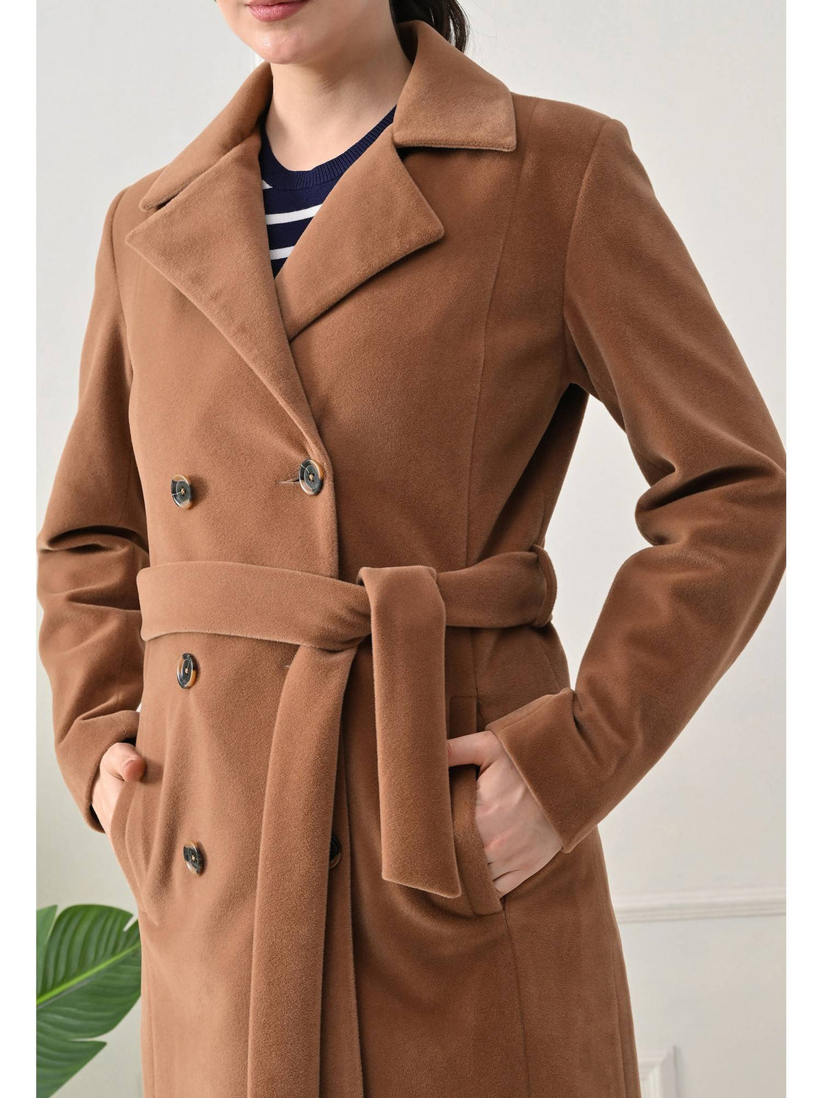 Tan Solid Full Sleeves Notched Lapel Longline Winter Coat with Belt | JC78 - view 7