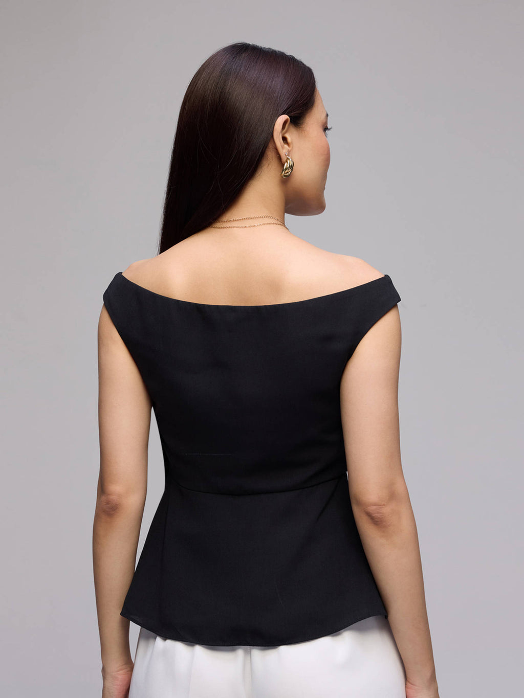 Black Twill Off Shoulder Peplum Hem Regular Top | pt51 - view 2