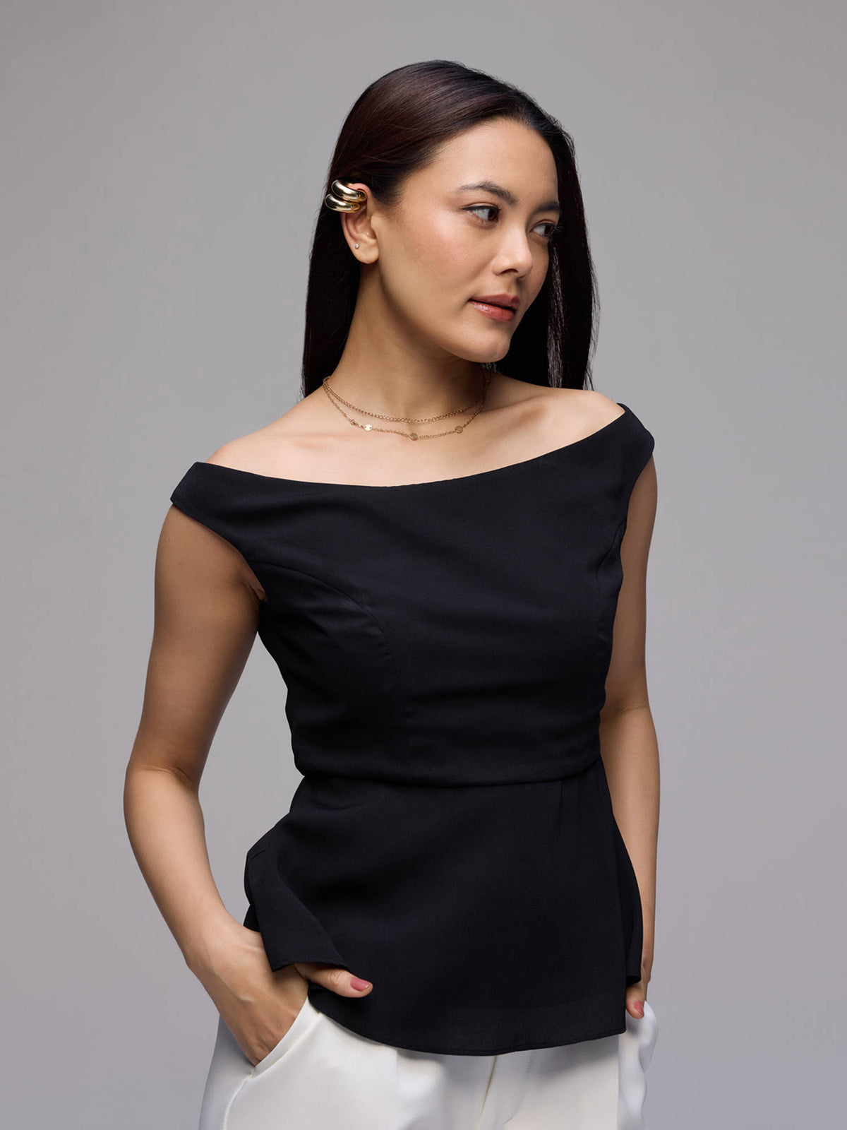 Black Twill Off Shoulder Peplum Hem Regular Top | pt51 - view 3
