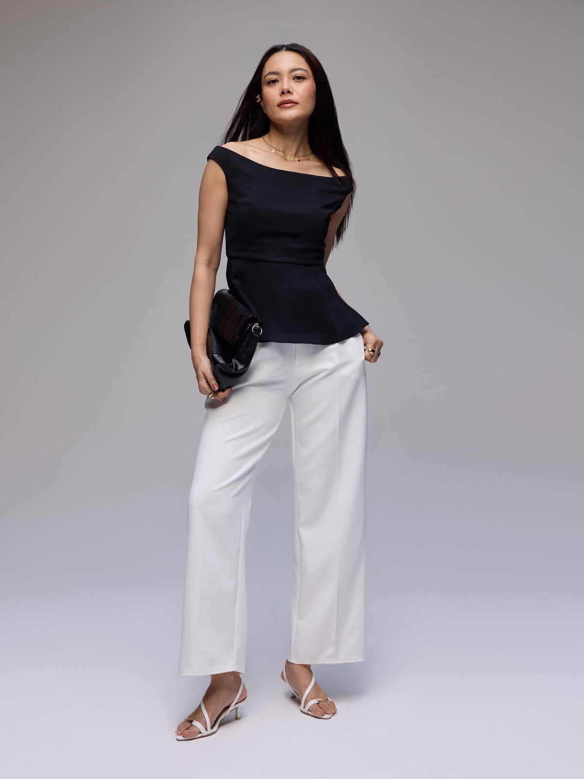 Black Twill Off Shoulder Peplum Hem Regular Top | pt51 - view 4