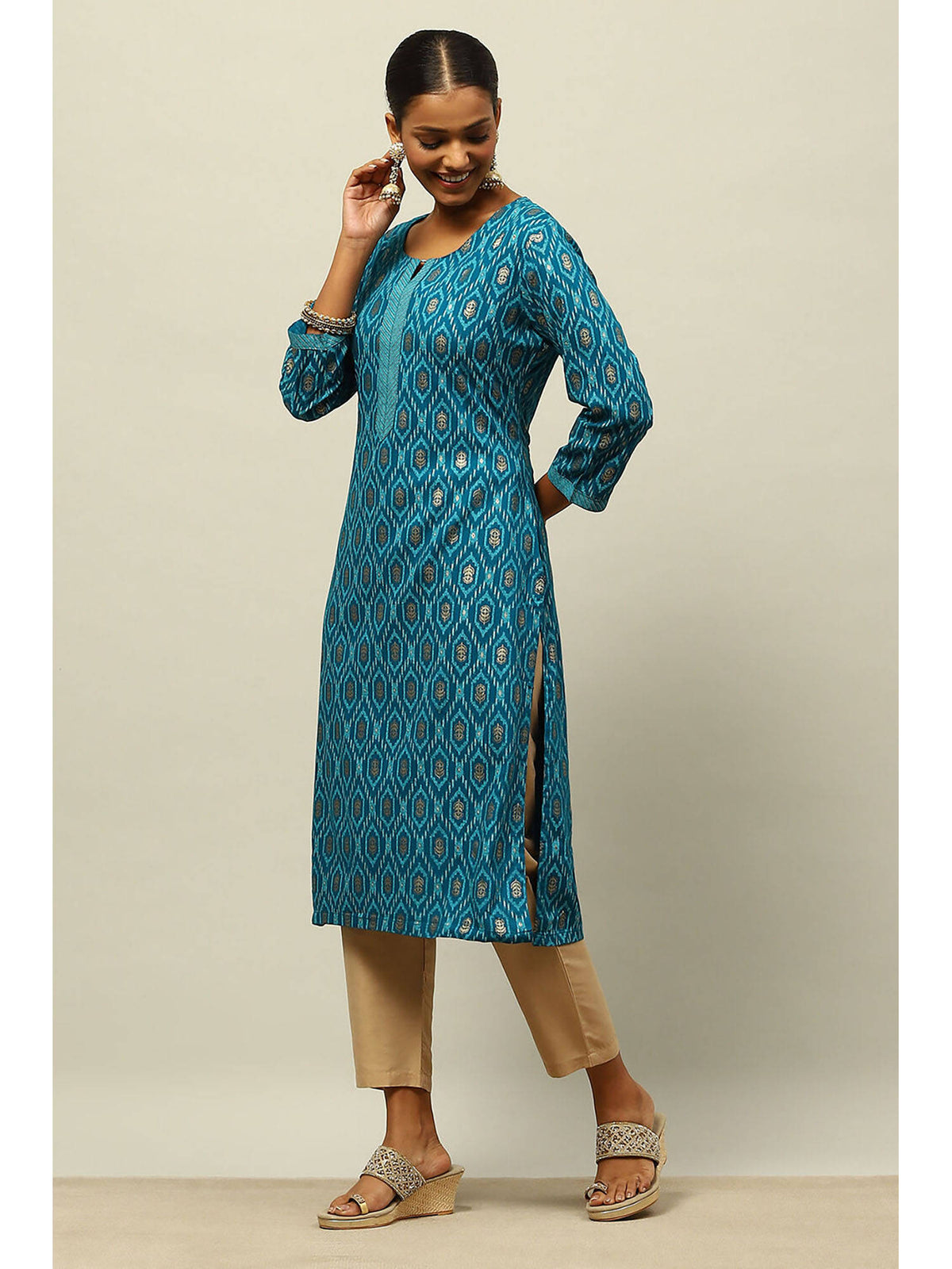 Blue Rayon Printed Straight Kurta | KDG - view 3