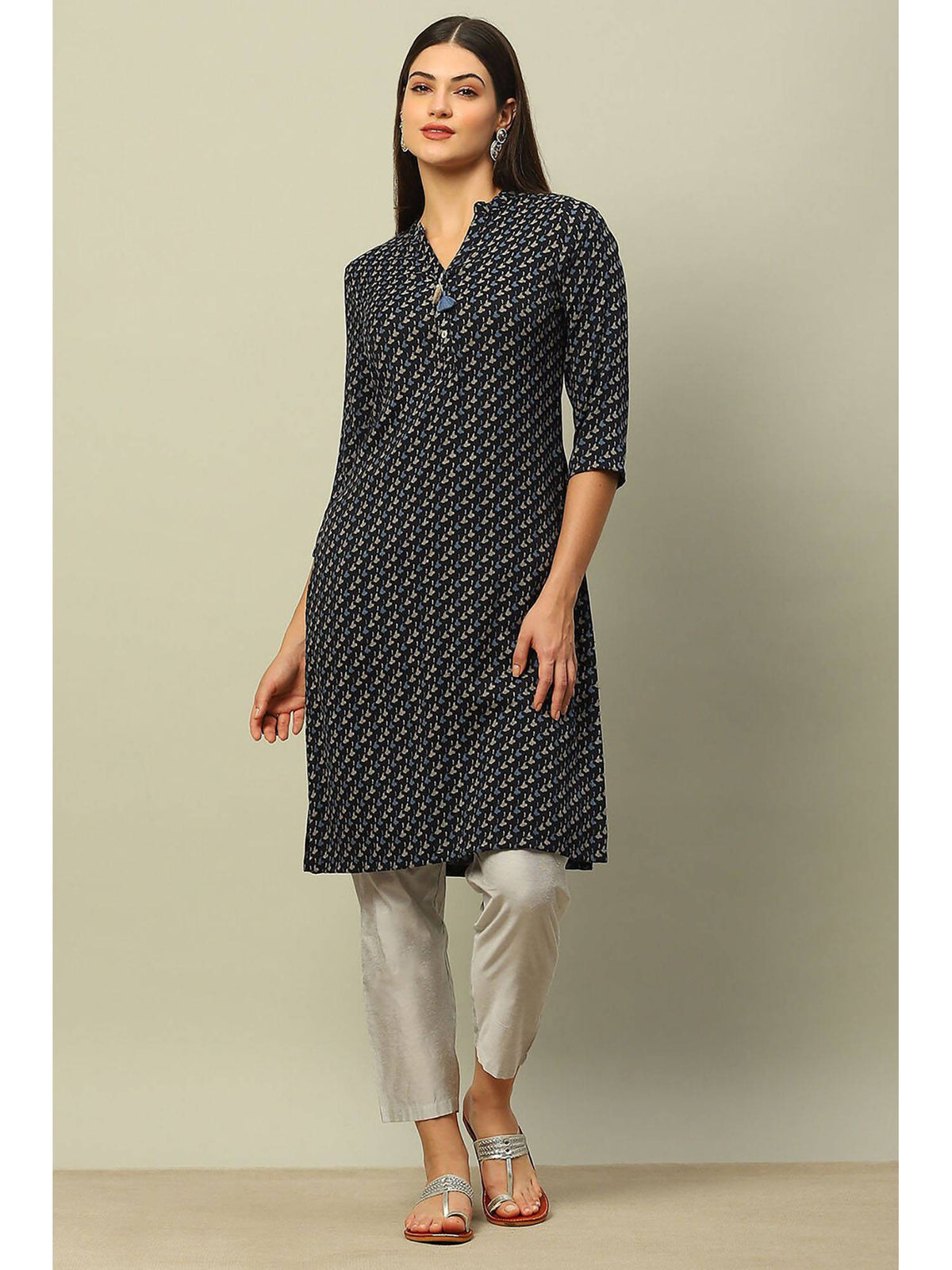 Blue Viscose Blend Printed Straight Kurta | U3S - view 1