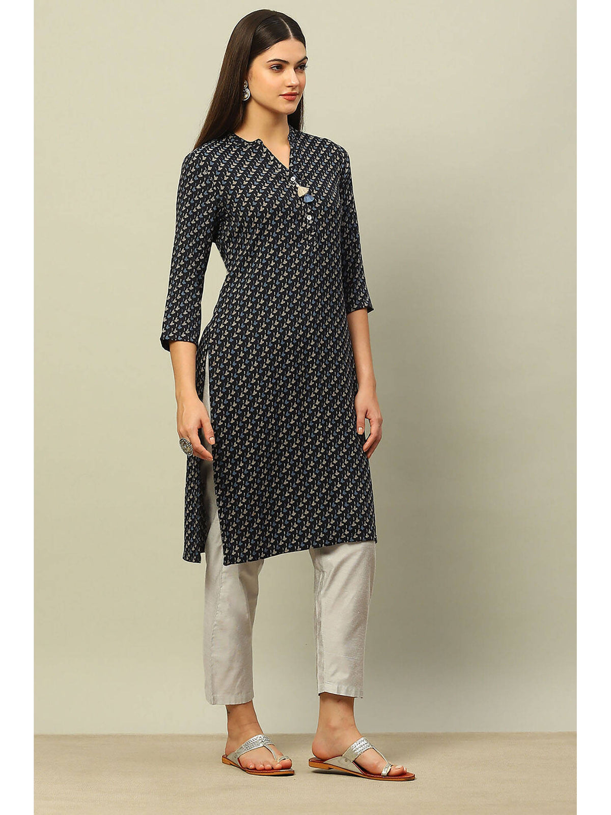 Blue Viscose Blend Printed Straight Kurta | FY93 - view 5