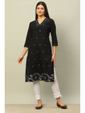 Black Cotton Jacquard Yarn Dyed Straight Kurta | KDG - view 1
