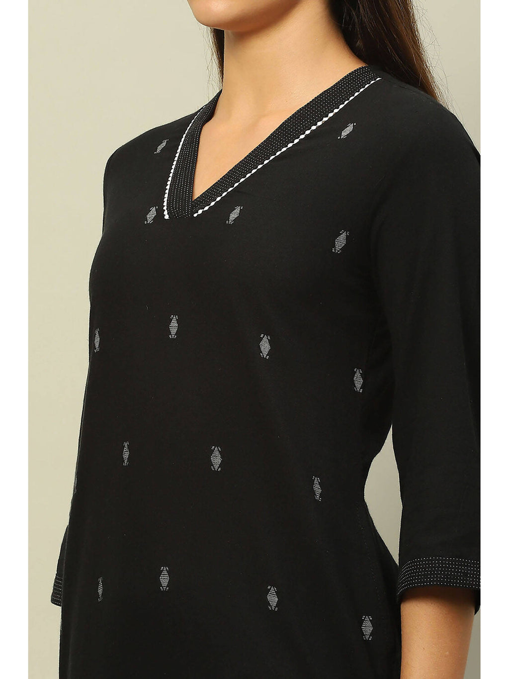 Black Cotton Jacquard Yarn Dyed Straight Kurta | KDG - view 2