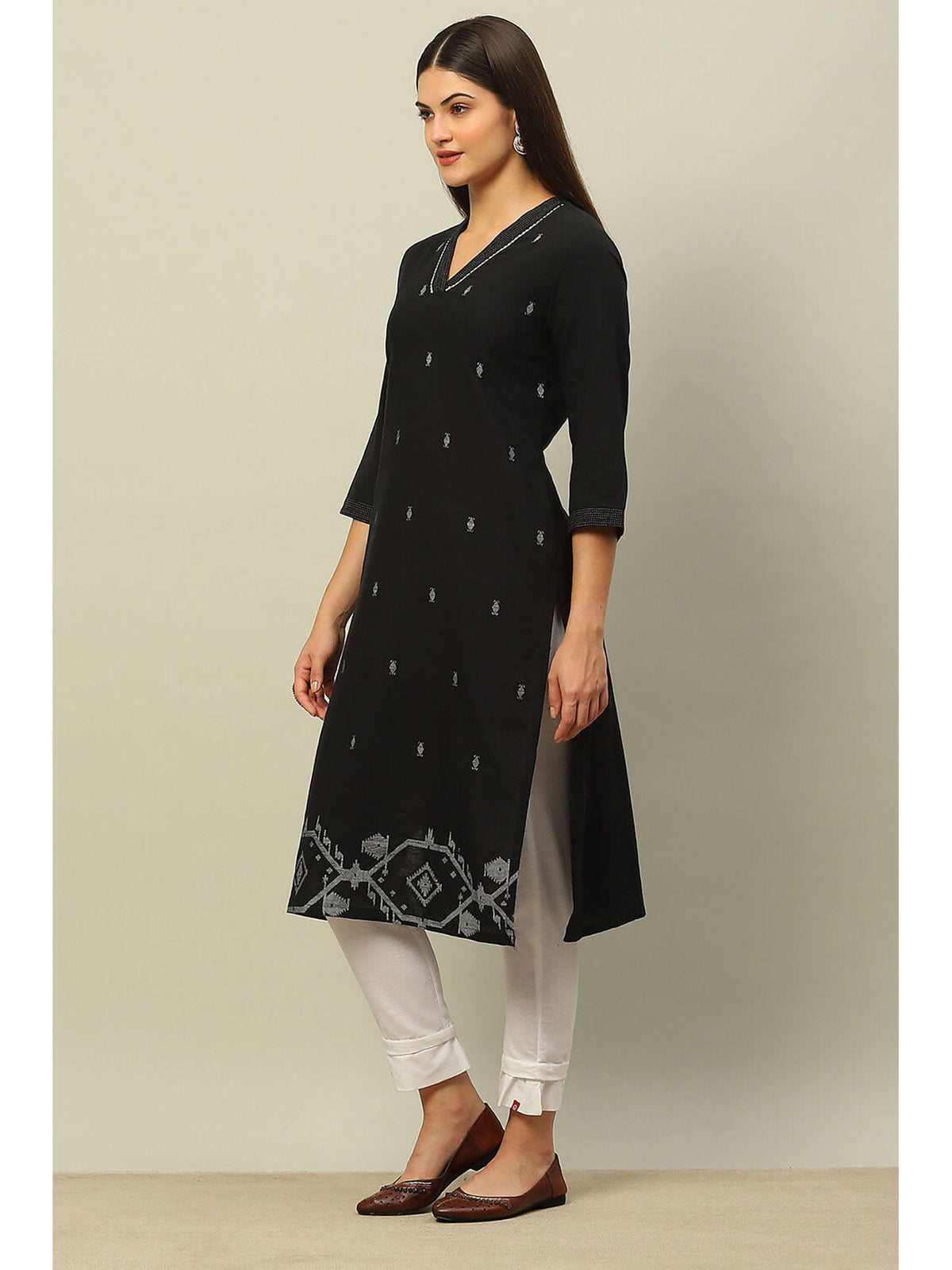 Black Cotton Jacquard Yarn Dyed Straight Kurta | KDG - view 3