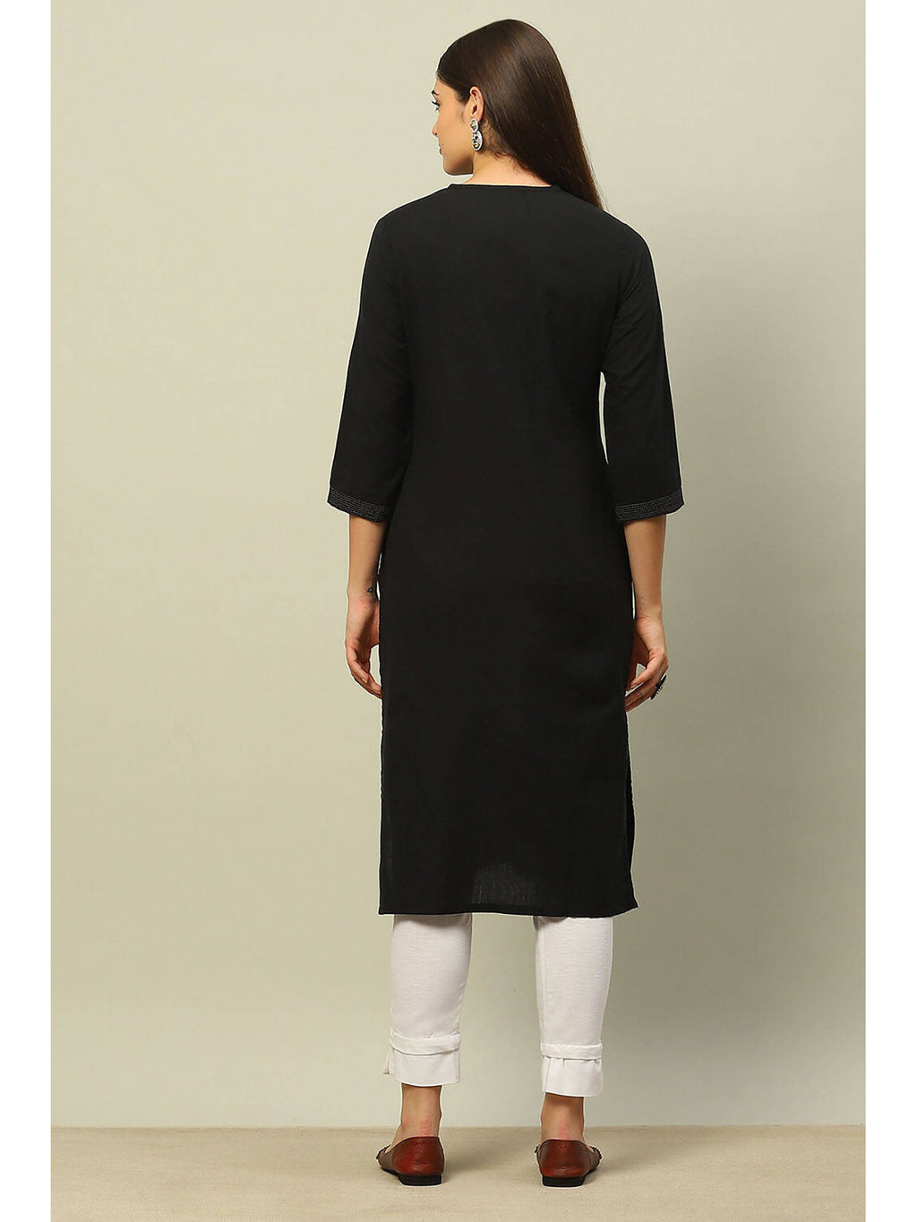 Black Cotton Jacquard Yarn Dyed Straight Kurta | KDG - view 4
