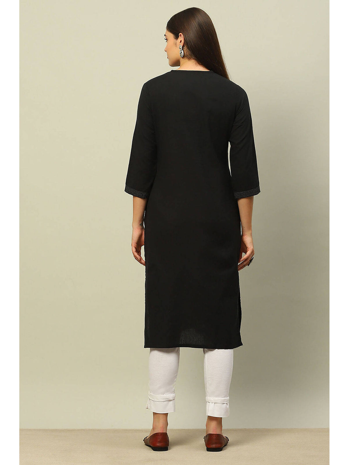 Black Cotton Jacquard Yarn Dyed Straight Kurta | KDG - view 4