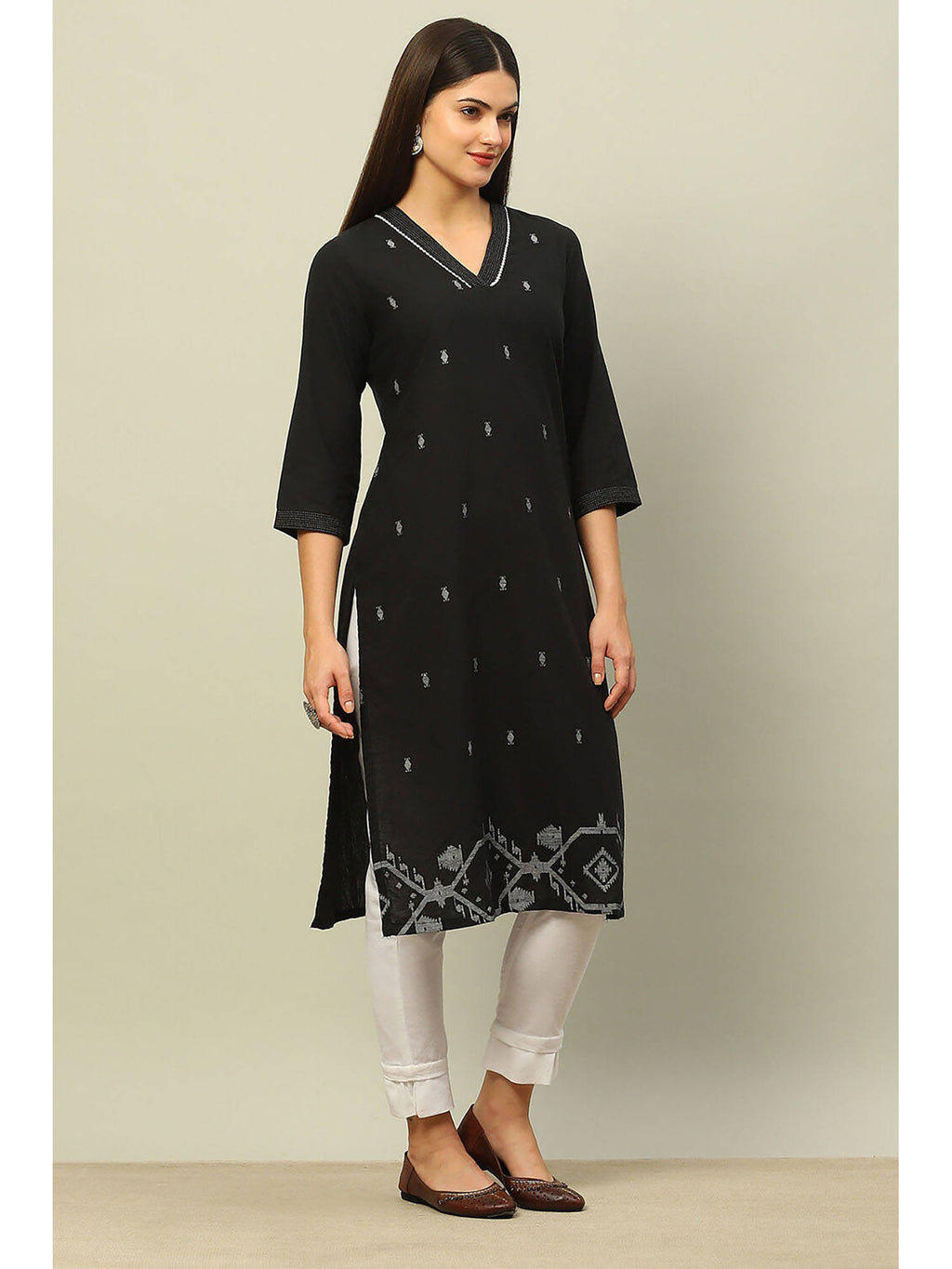 Black Cotton Jacquard Yarn Dyed Straight Kurta | U3S - view 5