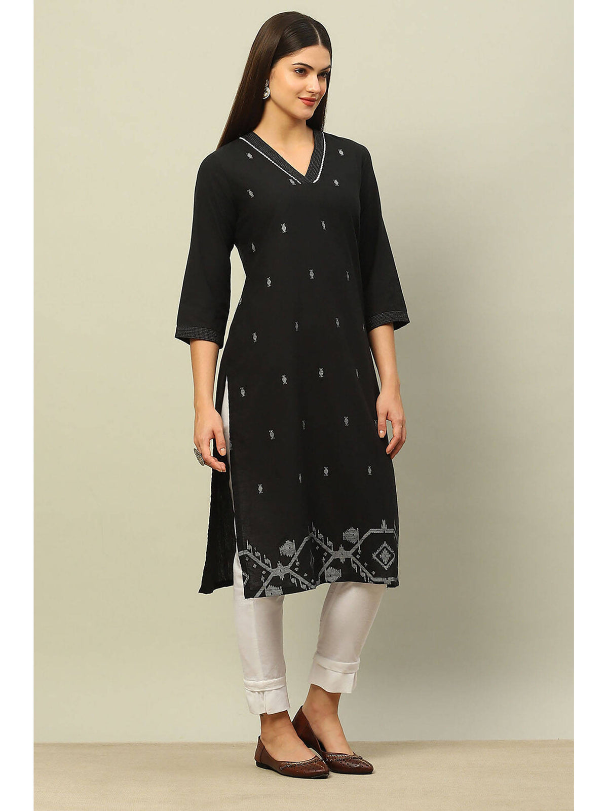 Black Cotton Jacquard Yarn Dyed Straight Kurta | U3S - view 5
