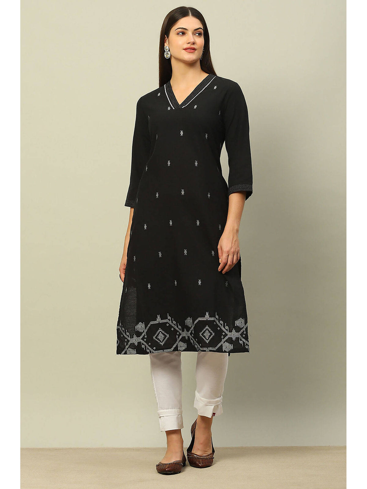 Black Cotton Jacquard Yarn Dyed Straight Kurta | KDG - view 6