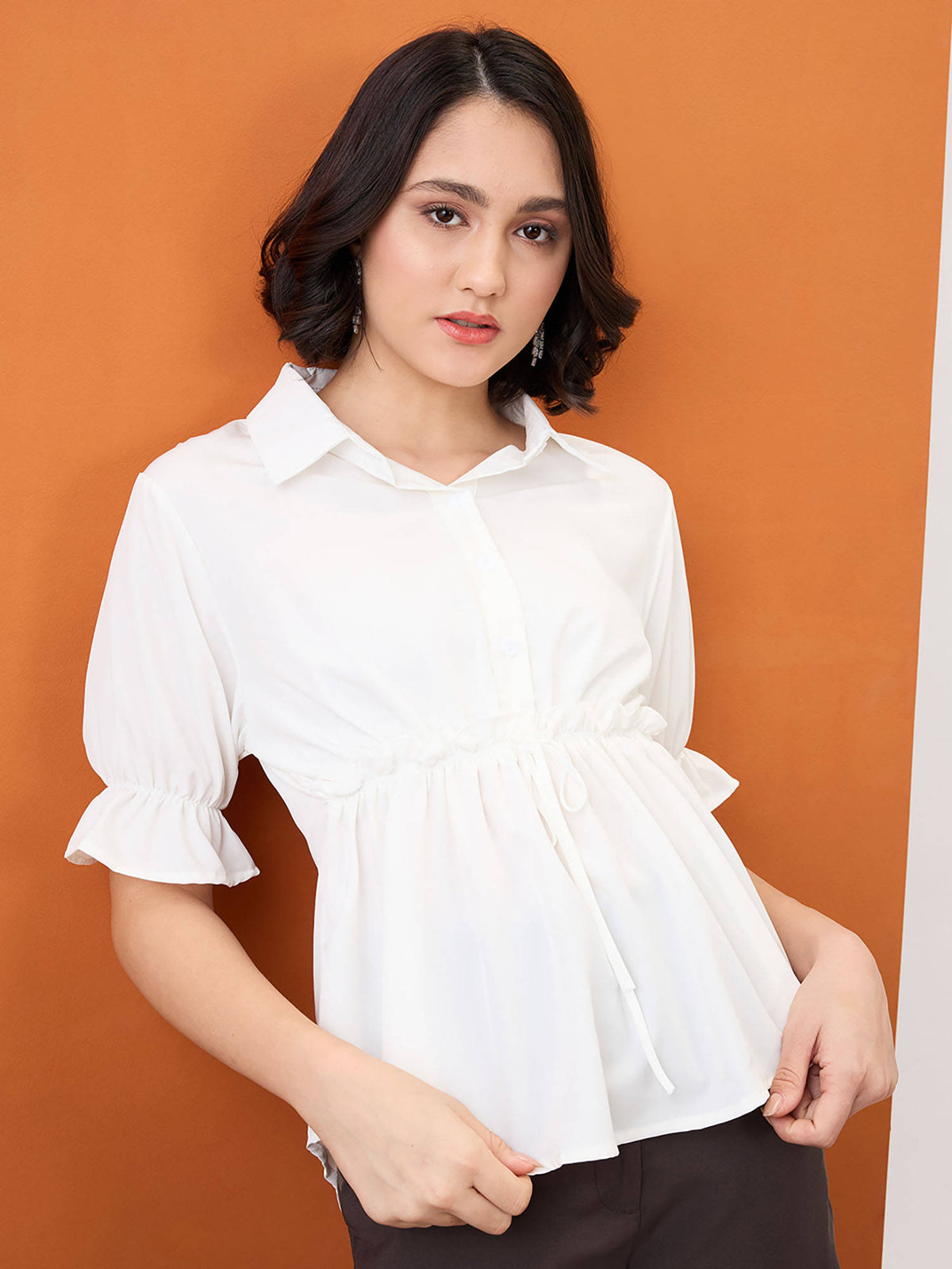 White Puff Sleeves Solid Waist Tie-Up Workwear Peplum Top | pt51 - view 1