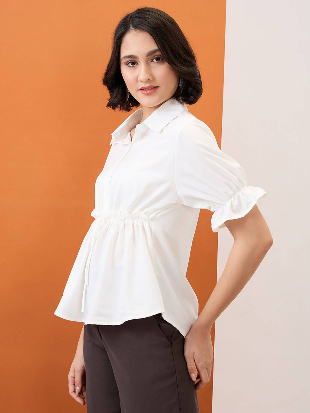 White Puff Sleeves Solid Waist Tie-Up Workwear Peplum Top | pt51 - view 2