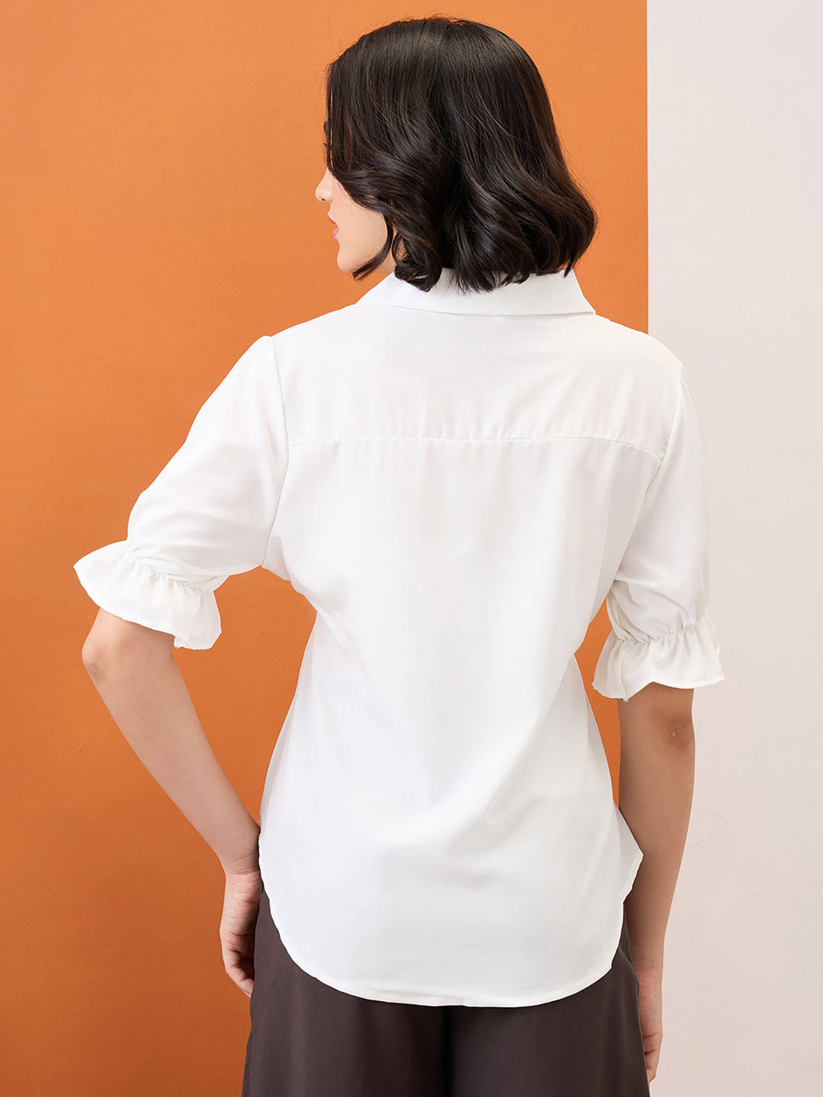 White Puff Sleeves Solid Waist Tie-Up Workwear Peplum Top | pt51 - view 3