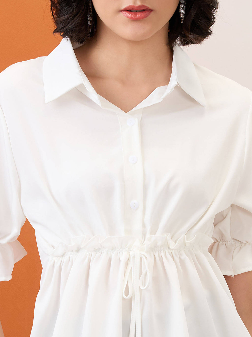 White Puff Sleeves Solid Waist Tie-Up Workwear Peplum Top | pt51 - view 4