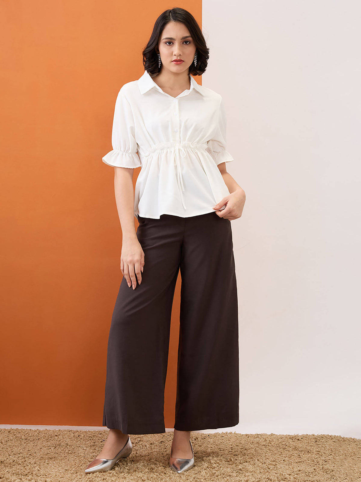 White Puff Sleeves Solid Waist Tie-Up Workwear Peplum Top | pt51 - view 5
