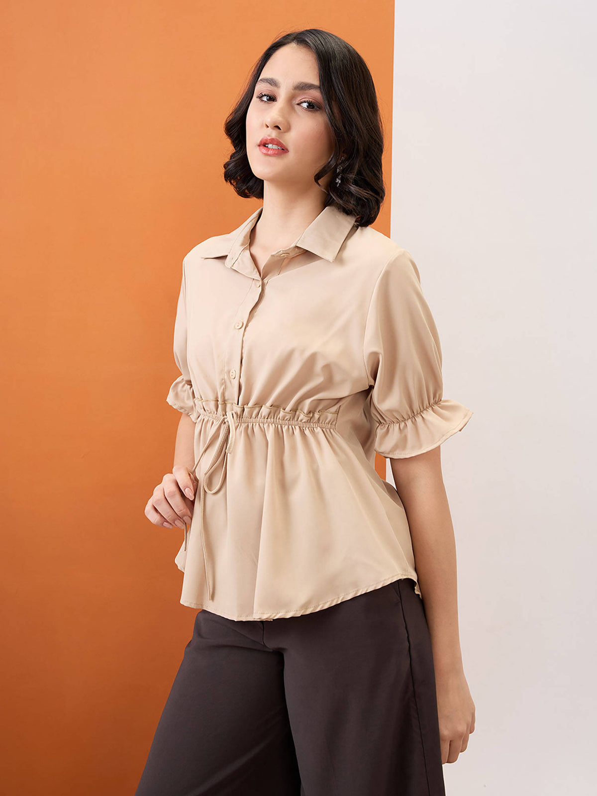 White Puff Sleeves Solid Waist Tie-Up Workwear Peplum Top | pt51 - view 6