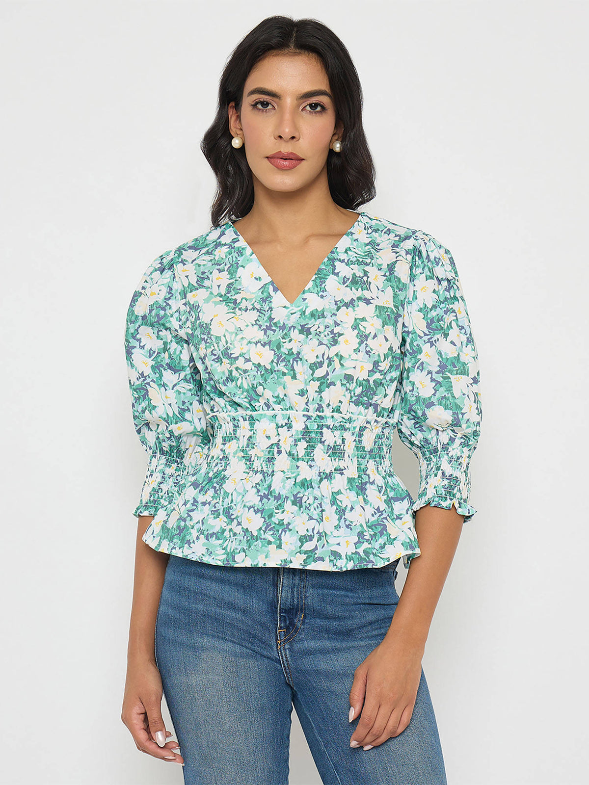 Floral Print Ruffle Detail Cotton Green Peplum Top | pt51 - view 1