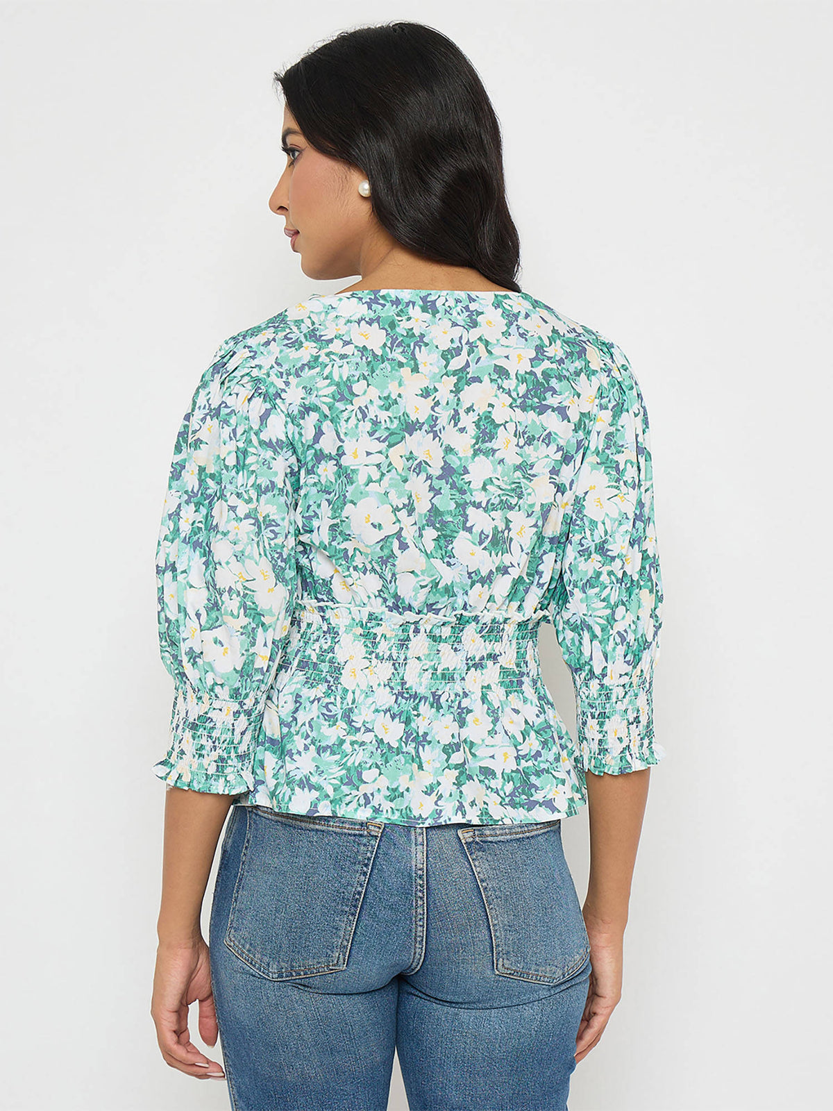 Floral Print Ruffle Detail Cotton Green Peplum Top | pt51 - view 2