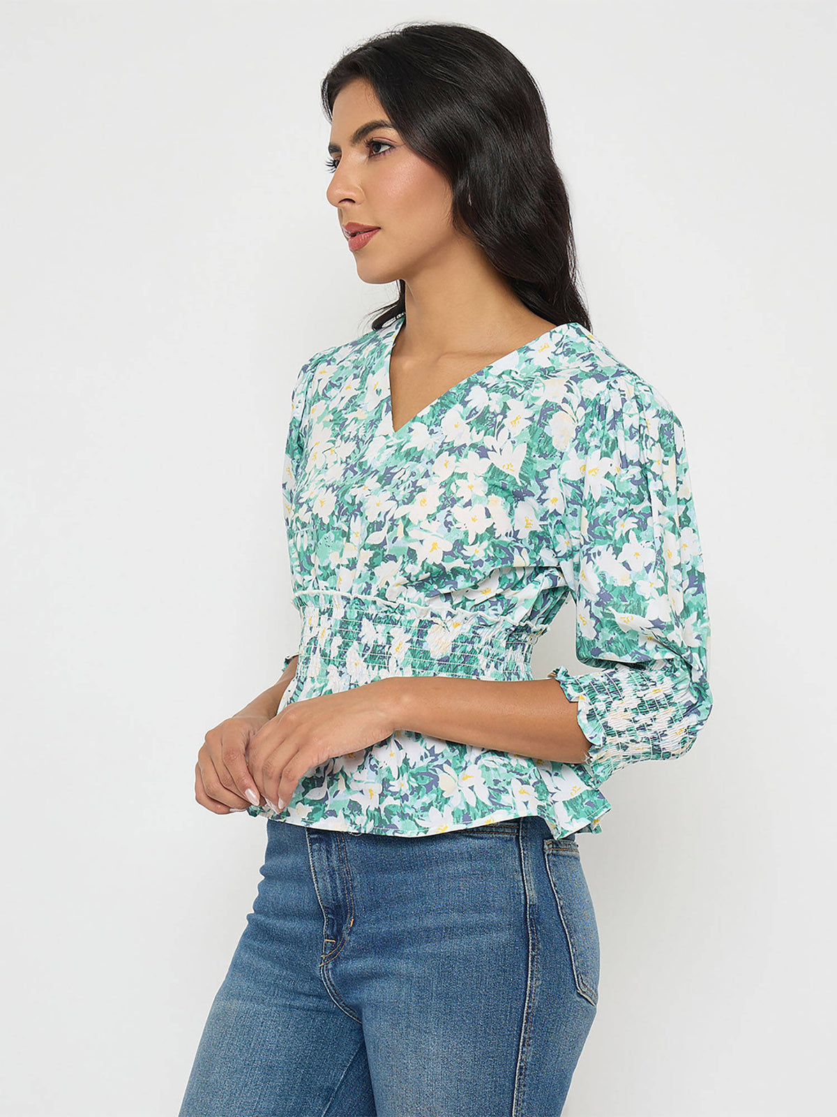 Floral Print Ruffle Detail Cotton Green Peplum Top | pt51 - view 3