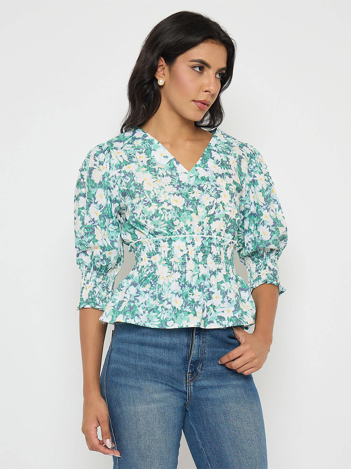 Floral Print Ruffle Detail Cotton Green Peplum Top | pt51 - view 4