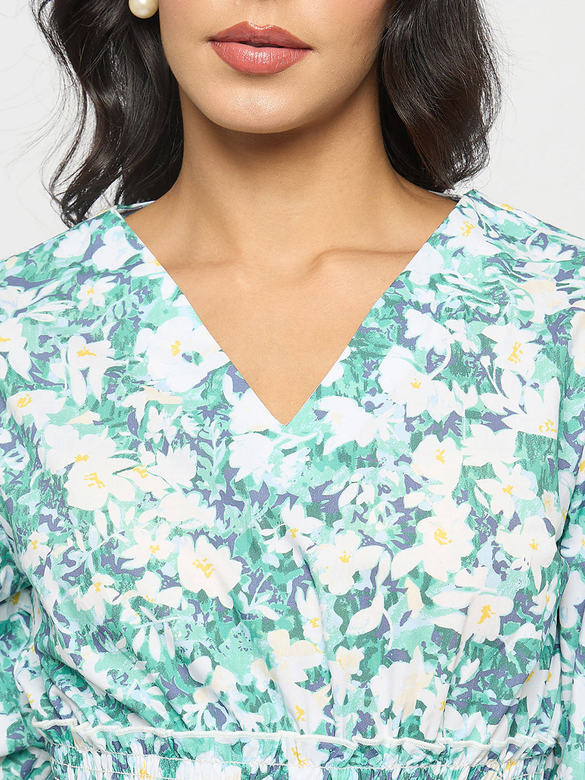 Floral Print Ruffle Detail Cotton Green Peplum Top | pt51 - view 5