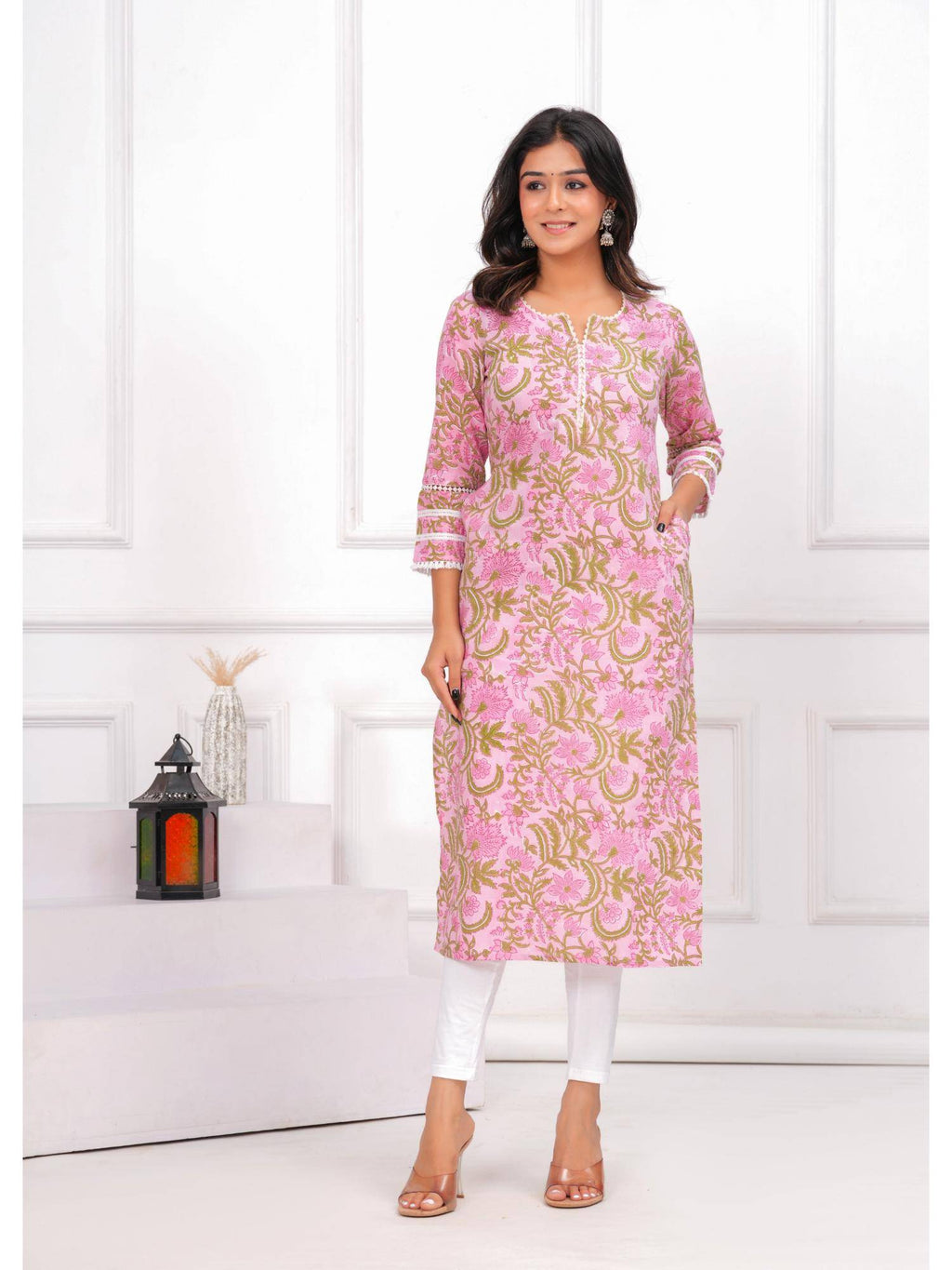 Pink Ethnic Printed Straight Kurta | FY93 - view 1
